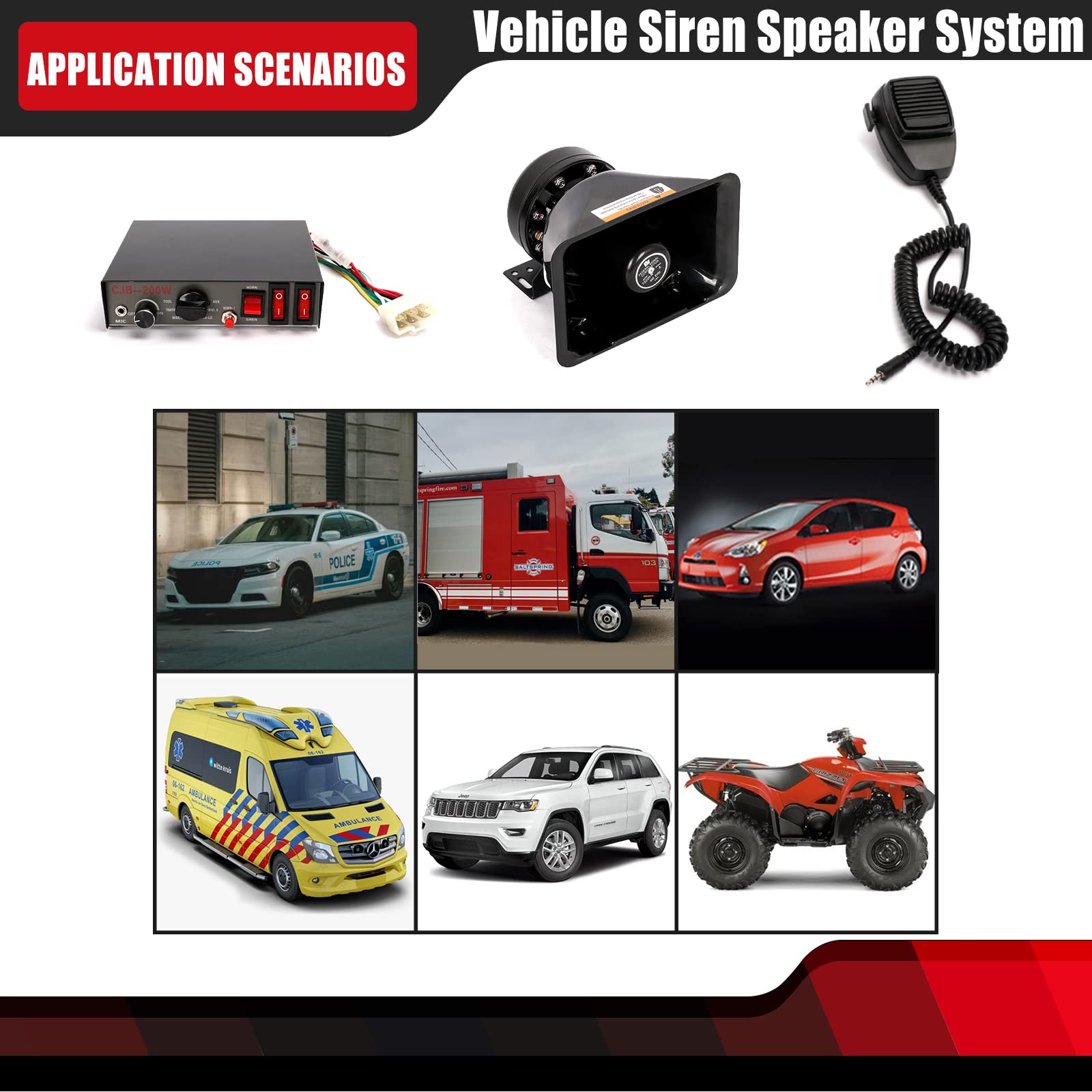 9 Tones Police Siren 200W Wired Handheld Microphone Loudspeaker Emergency Siren Electronic Pa System Amplifier Black Plastic Squ