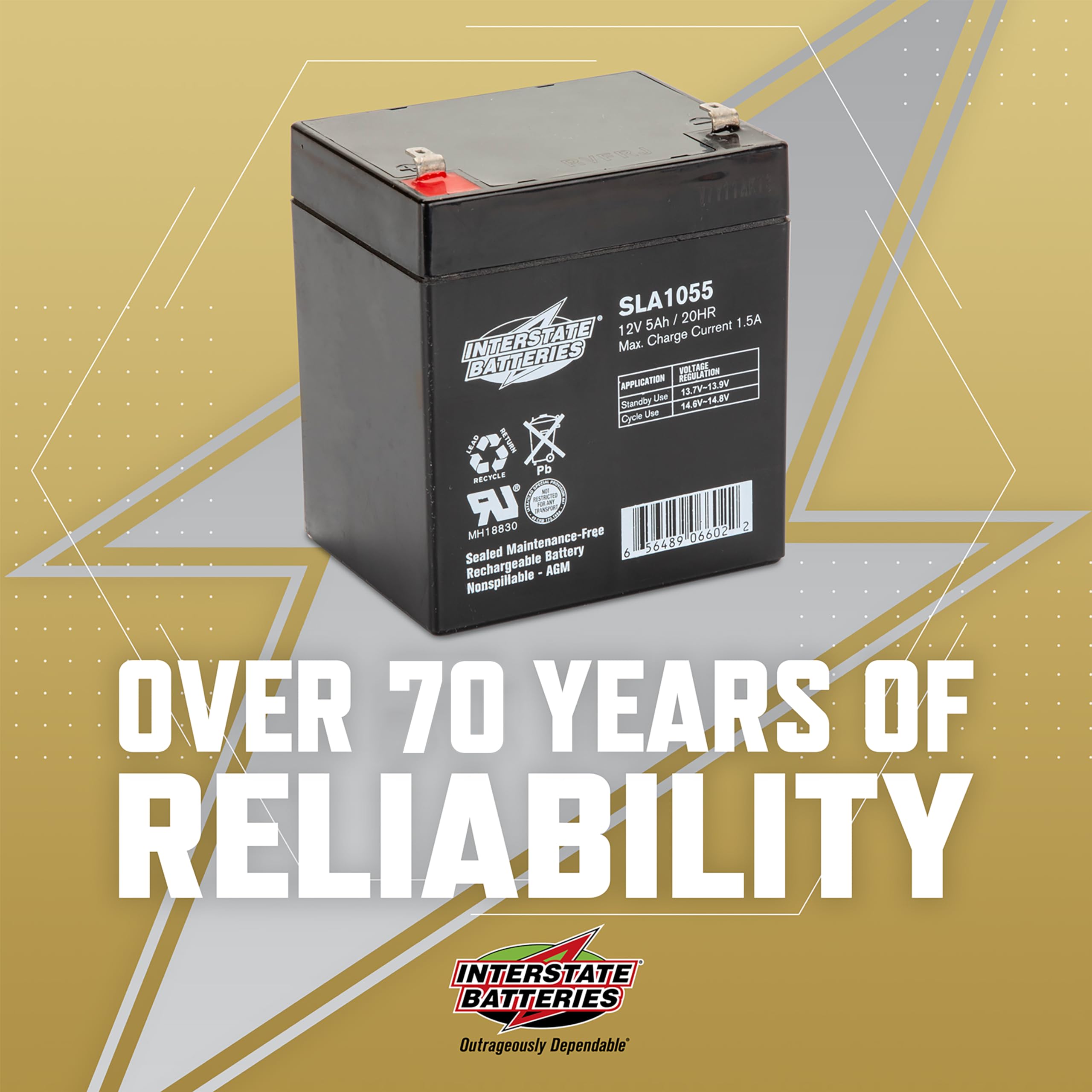 Interstate Batteries SLA AGM 12V 5Ah Battery for Alarms & Openers, Model SLA1055, 3.54" x 2.76" x 3.98"