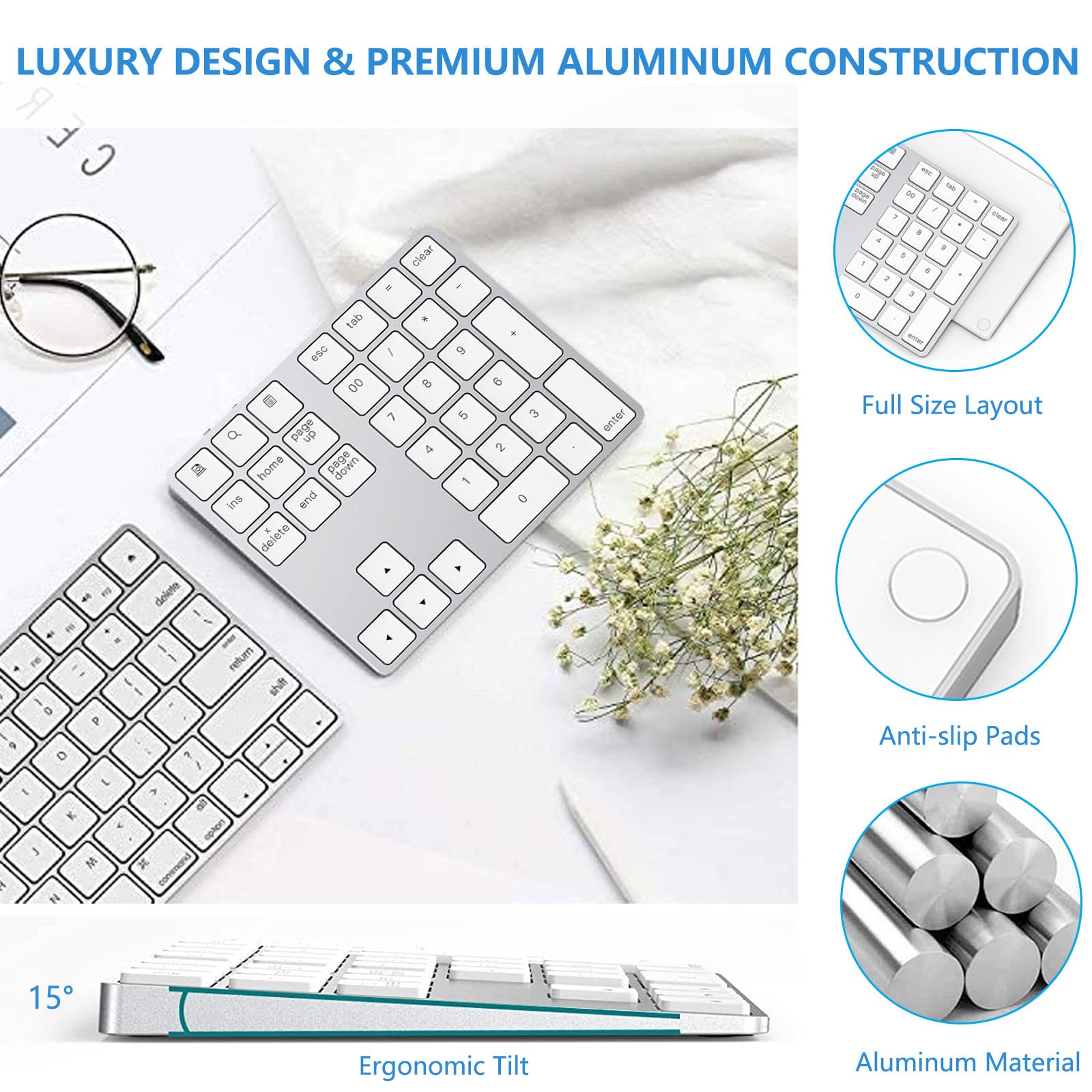 Lekvey Bluetooth Number Pad, Aluminum Rechargeable Wireless Numeric Keypad Slim 34 Keys External Numpad Keyboard Data Entry For Laptop, Macbook, Macbook Air/Pro, Imac, Windows, Surface Pro   Silver