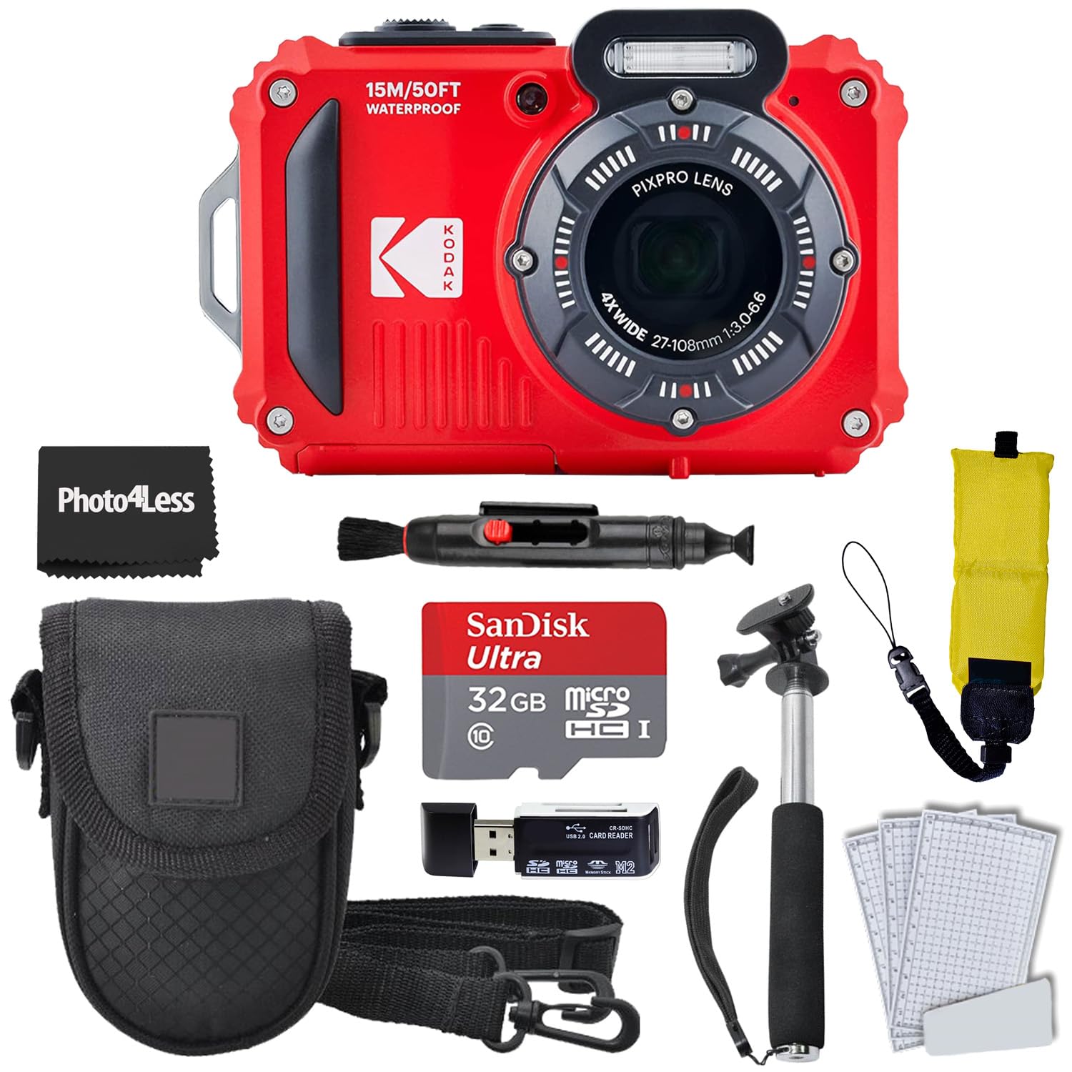 Kodak Pixpro Wpz2 Rugged Waterproof Digital Camera, Red Bundles With Case, Monopod, Card Reader And More (9 Items)