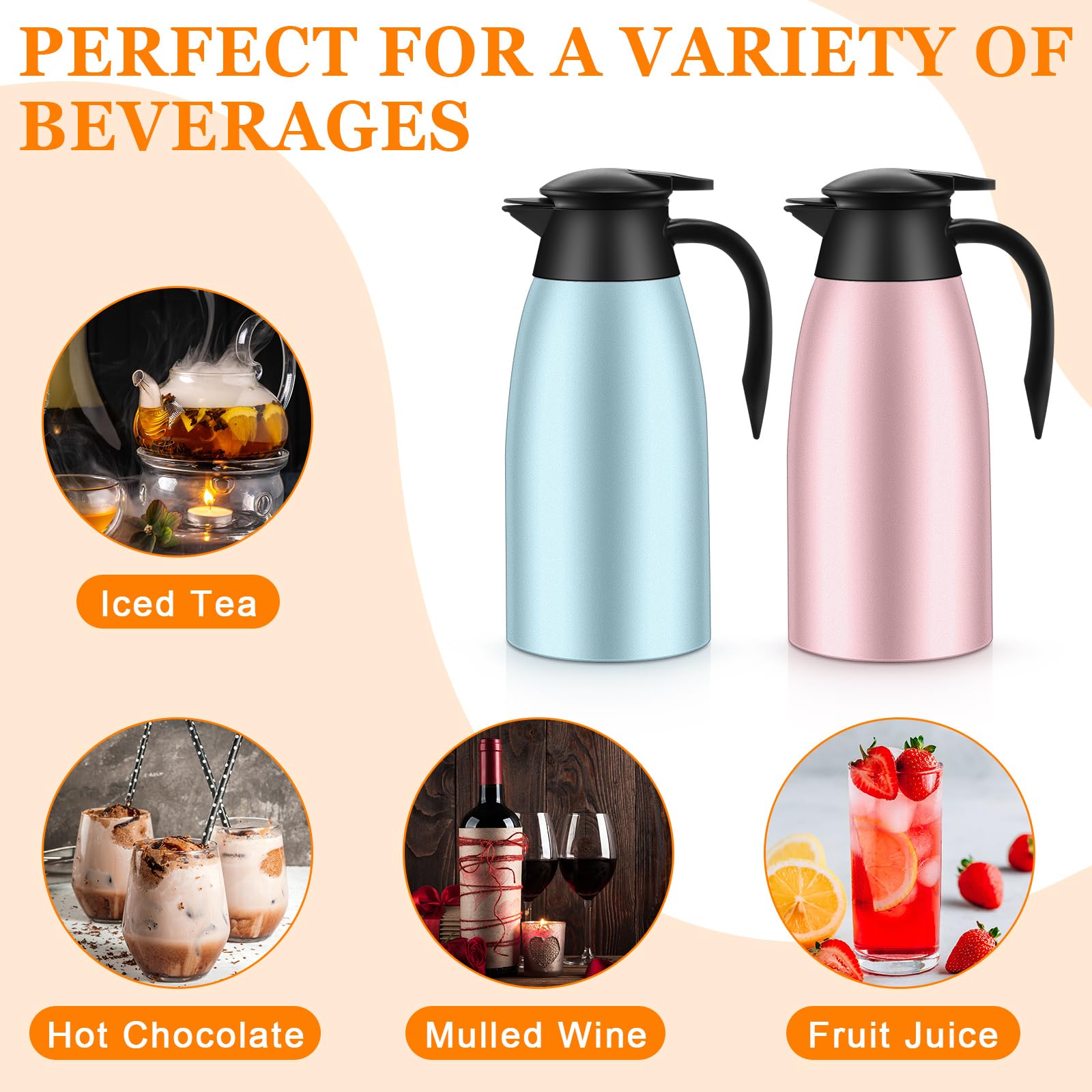 Norme 2 Pcs 68 oz Stainless Steel Thermal Coffee Carafe - Insulated Hot Liquid Dispenser, Pink & Blue, Model Norme-FTG21