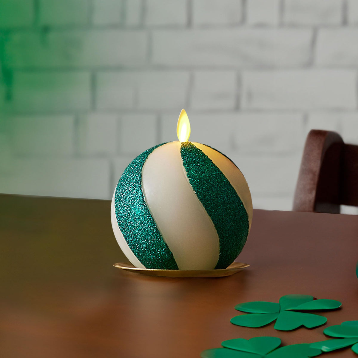 Luminara - Flameless Holiday Crystal Beads Glitter Sphere Candle - Candy Cane Green- Pack Of 1-4X4.25 - Auto Timer Built-In 5-Ho