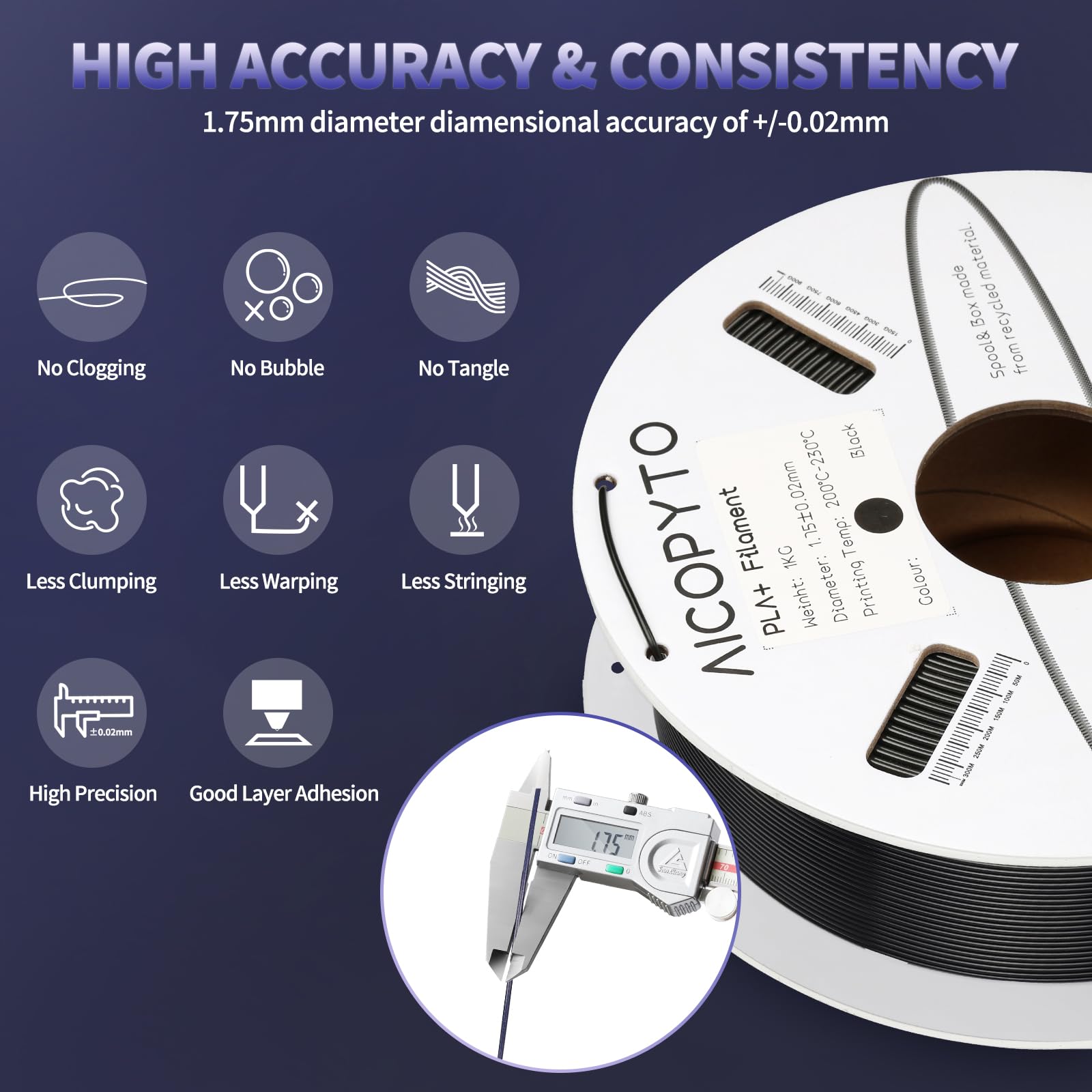 Aicopyto Pla Plus(Pla+) Filament 1.75Mm, Tougher And Stronger 3D Printer 1Kg Spool (2.2Lbs) Black Pla+ Filament Dimensional Accu