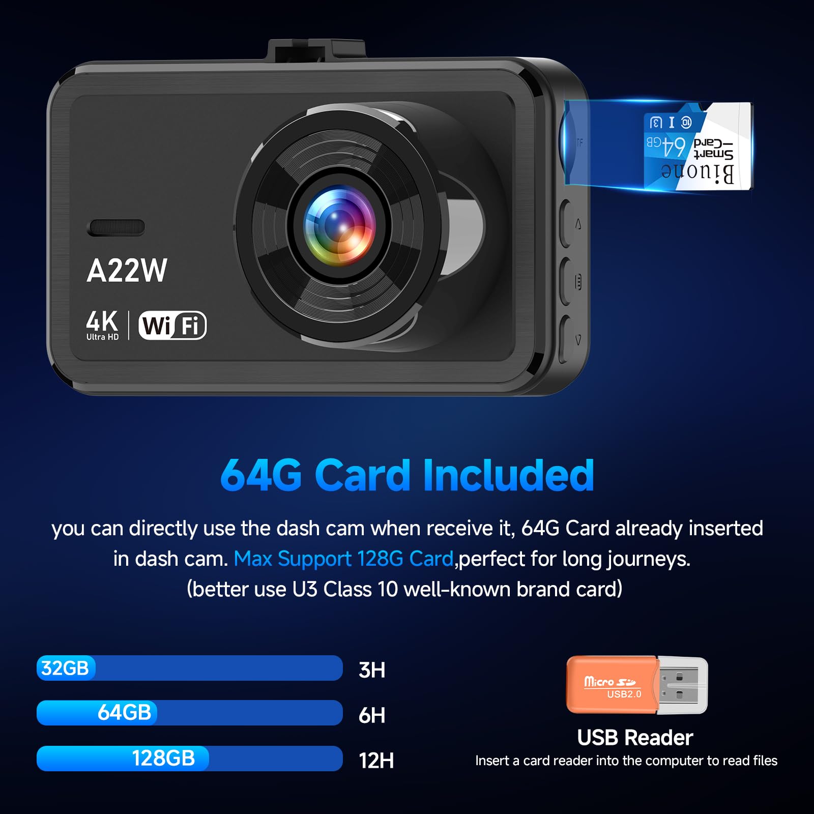Front And Rear Dash Camera, 4K Dash Cam Wifi Car Camera With 64Gb Card, 3.0'' Ips Dash Camera For Cars With Usb Charger, Wdr, Ni