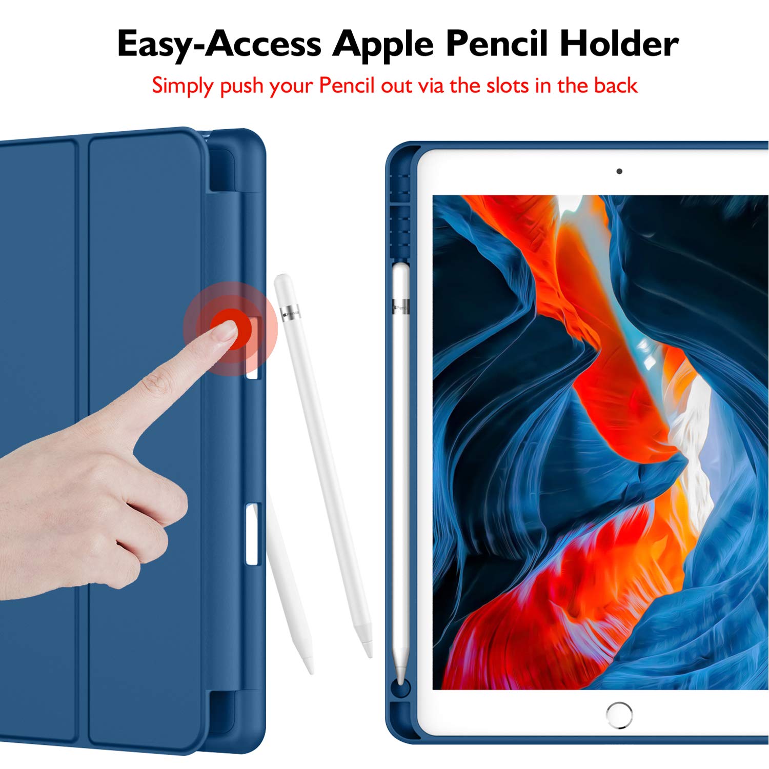Imieet Ipad 9Th Generation Case 2021/Ipad 8Th Generation Case 2020 10.2 Inch With Pencil Holder, Ipad 7Th Gen 2019 Case With Soft Baby Skin Silicone Back, Auto Wake/Sleep Cover (Navy Blue)