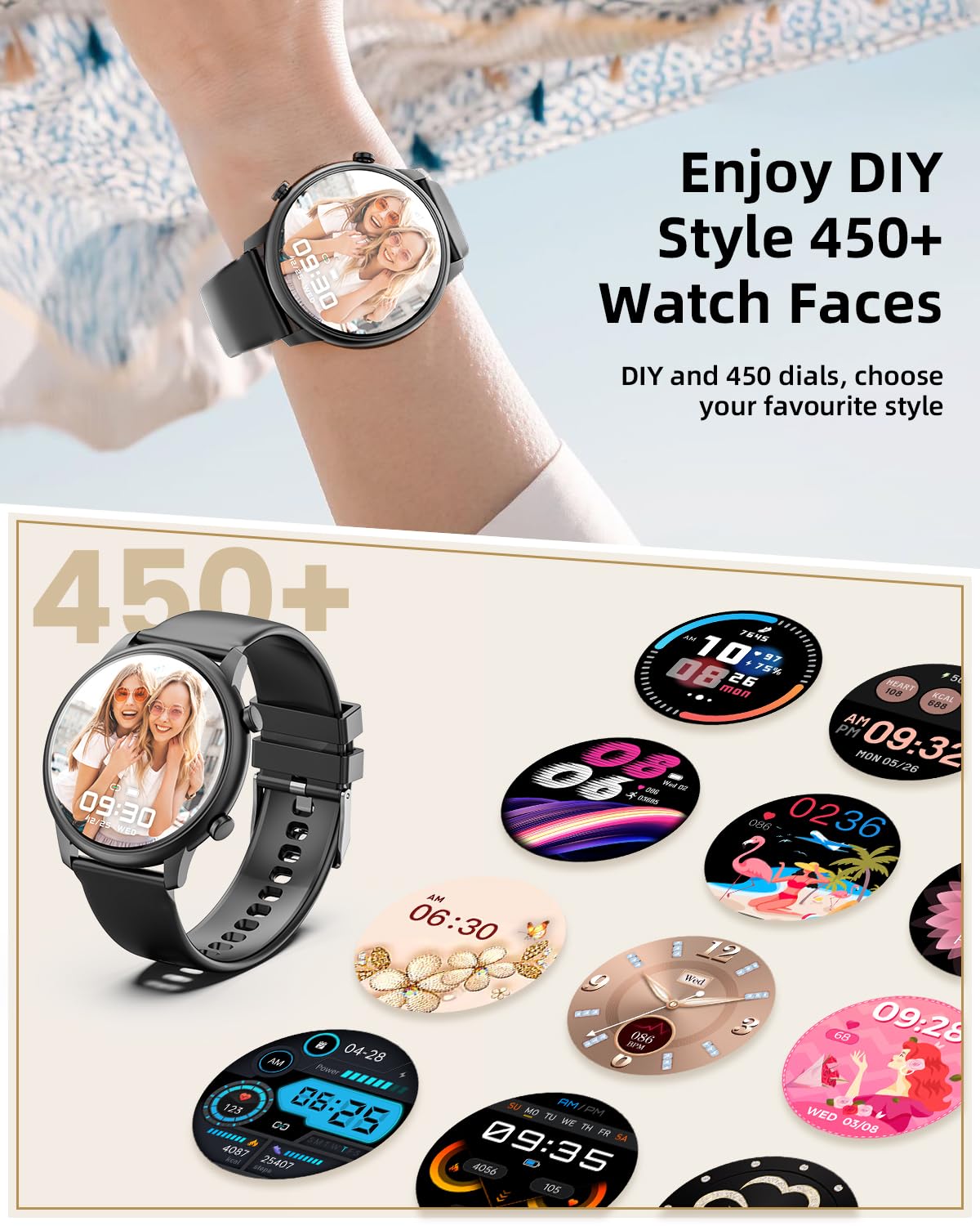 Smart Watches For Men Women Android Phones Iphone Compatible[Make&Answer Calls/Full Screen No Black-Circle],1.39'' Round Sports