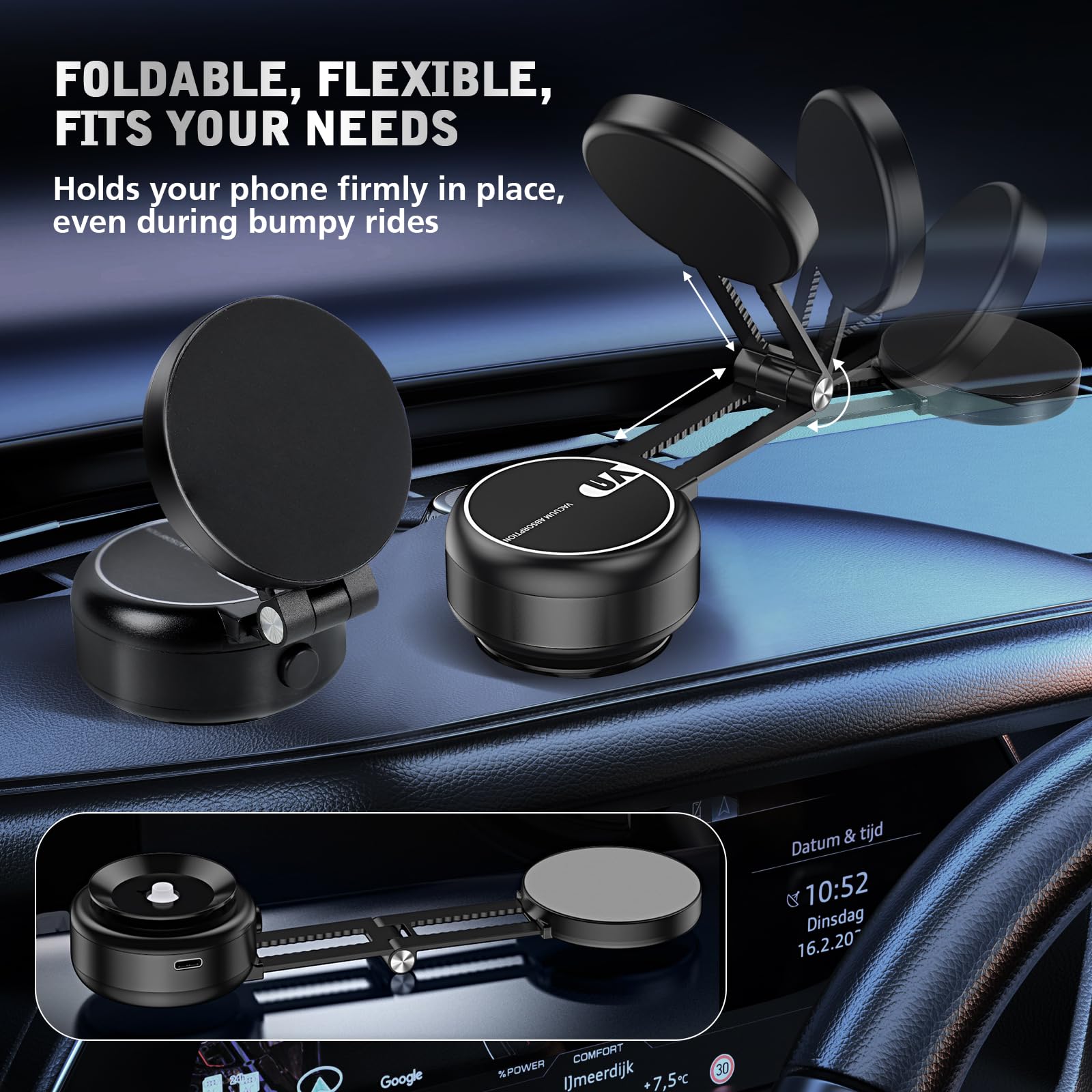 Hepanio Electric Vacuum Magnetic Suction Phone Holder,Adjustable Suction Cup Phone Mount For Car,Foldable Smart Double-Sided Mag