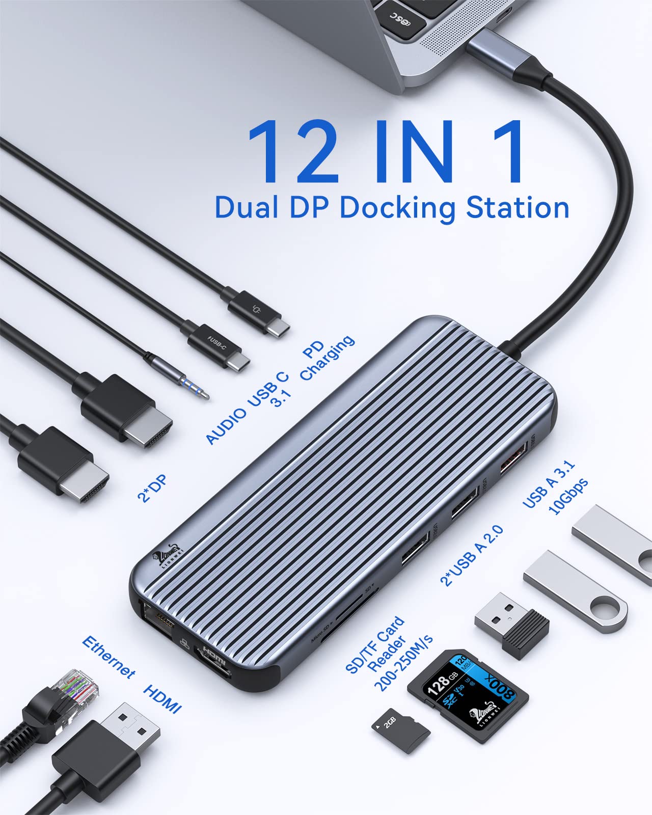 Usb C To Dual Displayport 4K Docking Station Adapter, 12-In-1 Lionwei 10Gbps Usb C Hub Dock With 2 Dp, Hdmi, Usb 3.1, Ethernet P