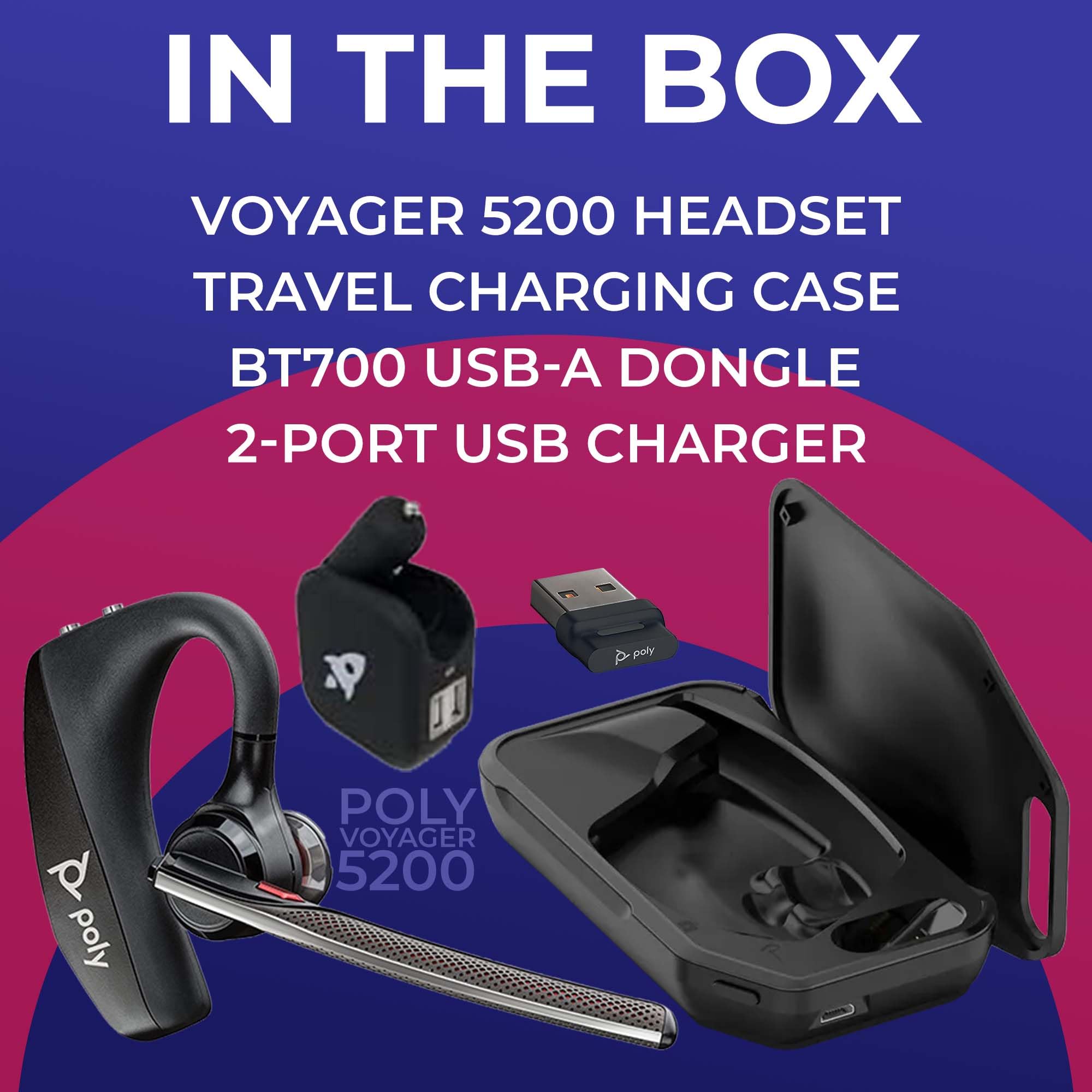 Plantronics Voyager 5200 Bluetooth Headset Bundle - Noise Canceling Wind Blocking Mic For Calls, Zoom Meetings, 6 Hours Recharge