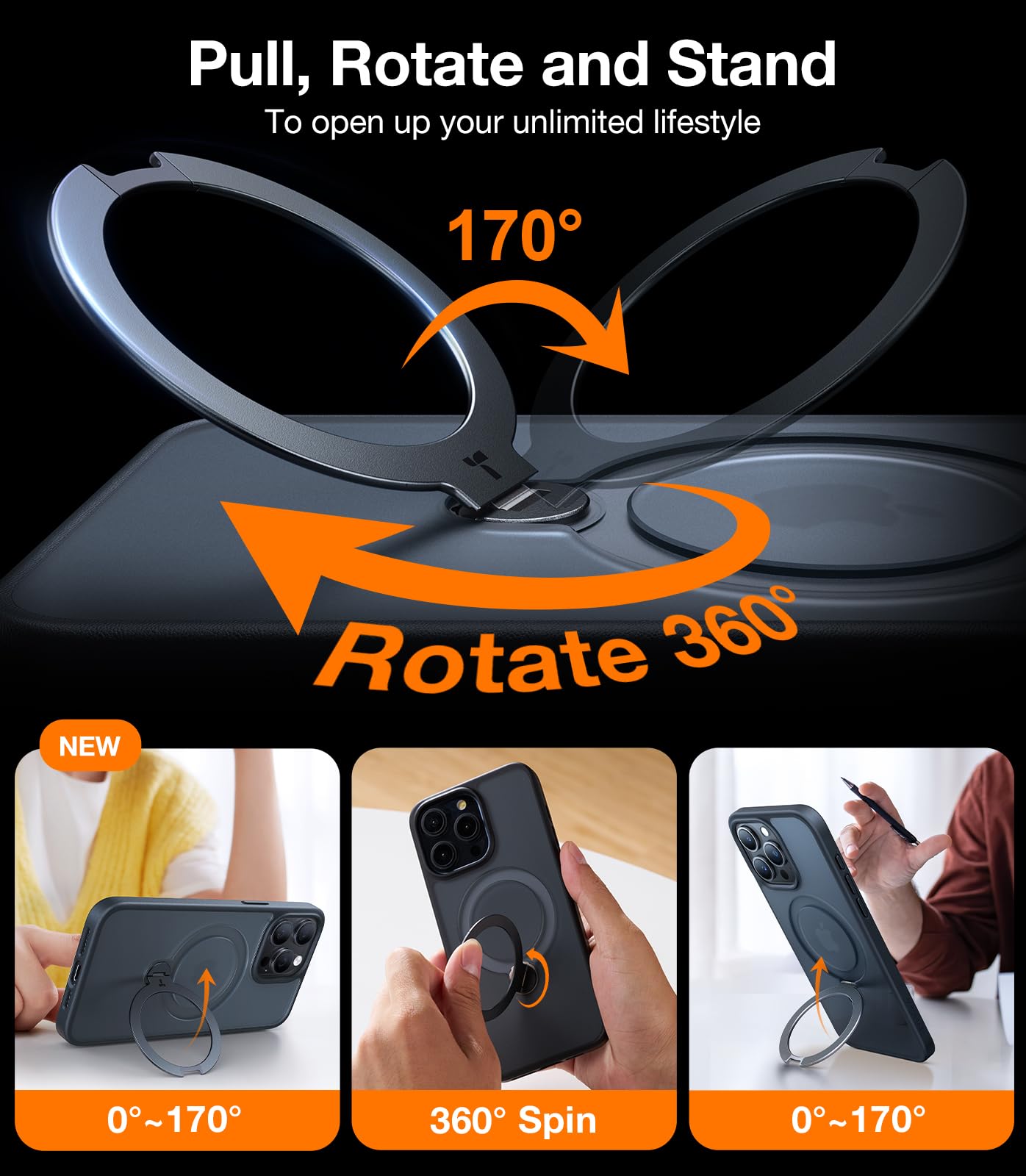 Torras 360Spin Magnetic Stand For Iphone 14 Pro Max Case, Compatible With Magsafe, Military Grade Shockproof Slim Protective Cas