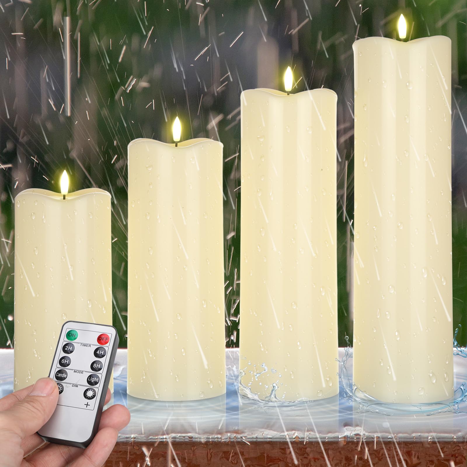 Rossesay 8 10 12 14 x 4 Large Waterproof Outdoor Flameless Candles, 4 Pcs LED Pillar Candles with Remote and Timers Battery Oper