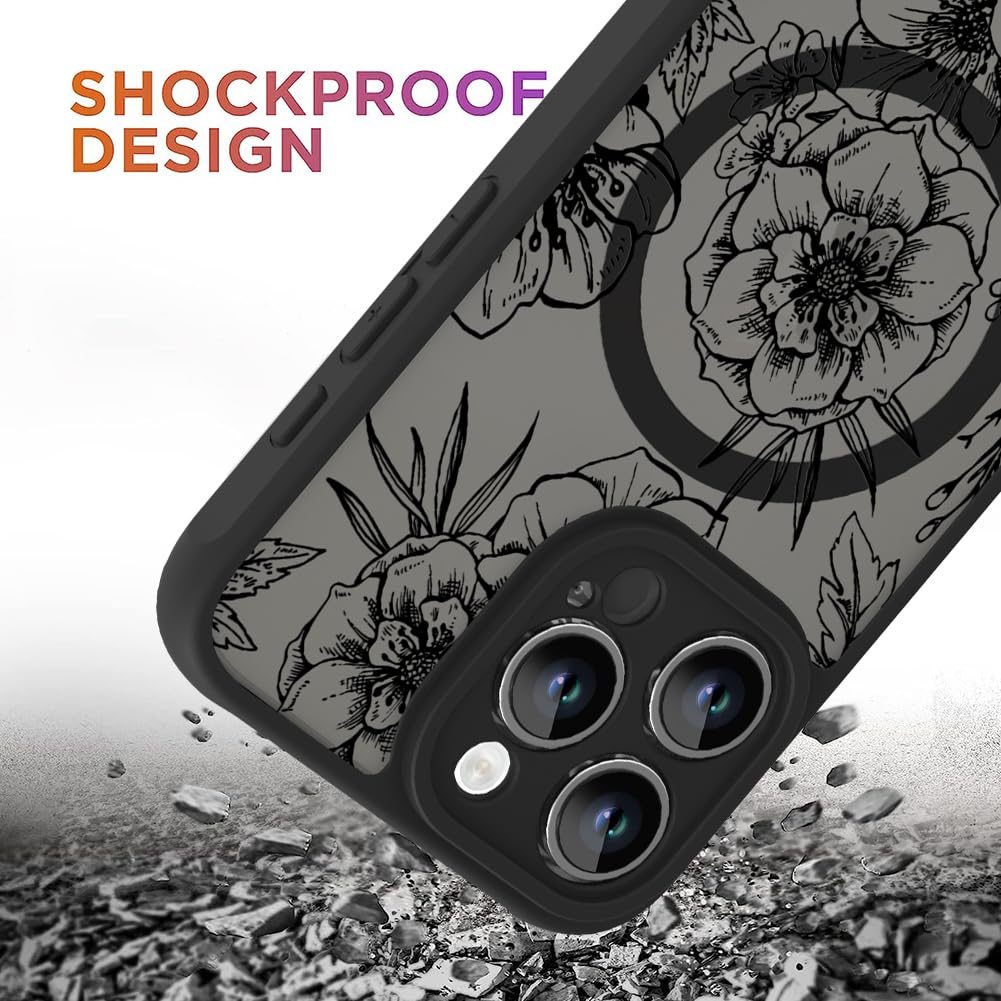 Ook Magnetic For Iphone 15 Pro Case Black Flower Floral Pattern [Compatible With Magsafe] Slim Translucent Matte Camera Lens Pro