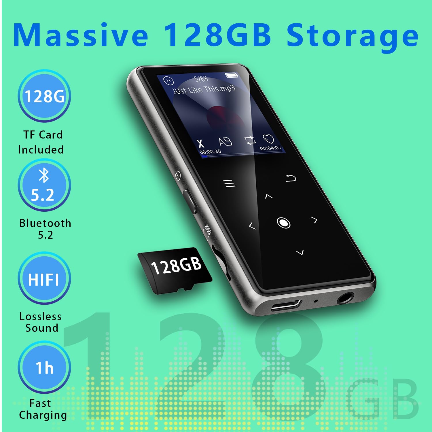 128Gb Mp3 Player With Bluetooth 5.2, Aimoonsa Music Player With Built In Hd Speaker, Fm Radio, Voice Recorder, Hifi Sound, E Boo