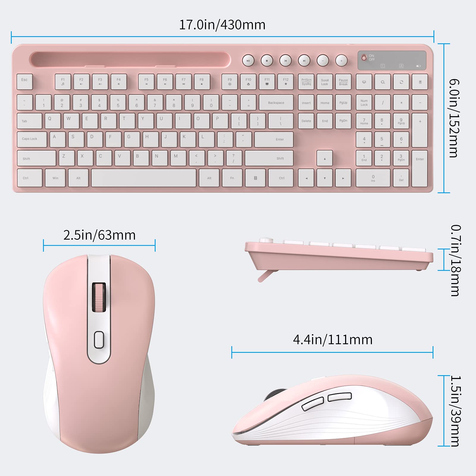 Wireless Keyboard And Mouse Combo, Marvo 2.4G Ergonomic Wireless Computer Keyboard With Phone Tablet Holder, Silent Mouse With 6 Button, Compatible With Macbook, Windows (Pink)