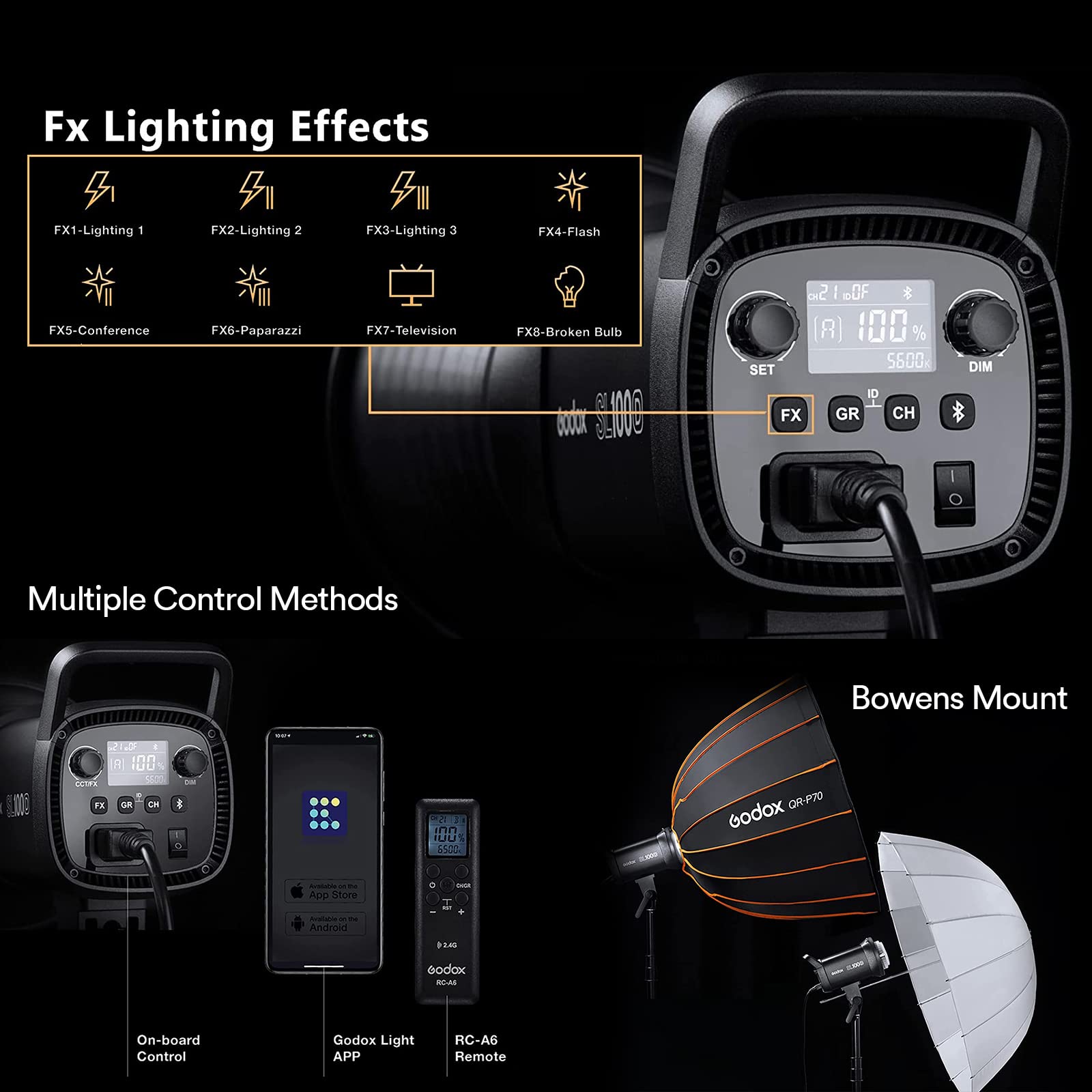 Godox Sl100D Daylight Led Video Light, 100W 5600K 32100Lux @1M Cri 96+Tlci 97+ Bowens Mount Cob Led Continuous Light, 8 Fx Effec