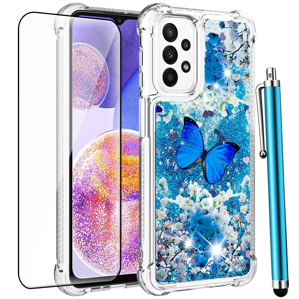 Caiyunl For Samsung Galaxy A23 5G Case With Screen Protector, Women Girls Cute Glitter Bling Liquid Sparkle Floating Phone Case,
