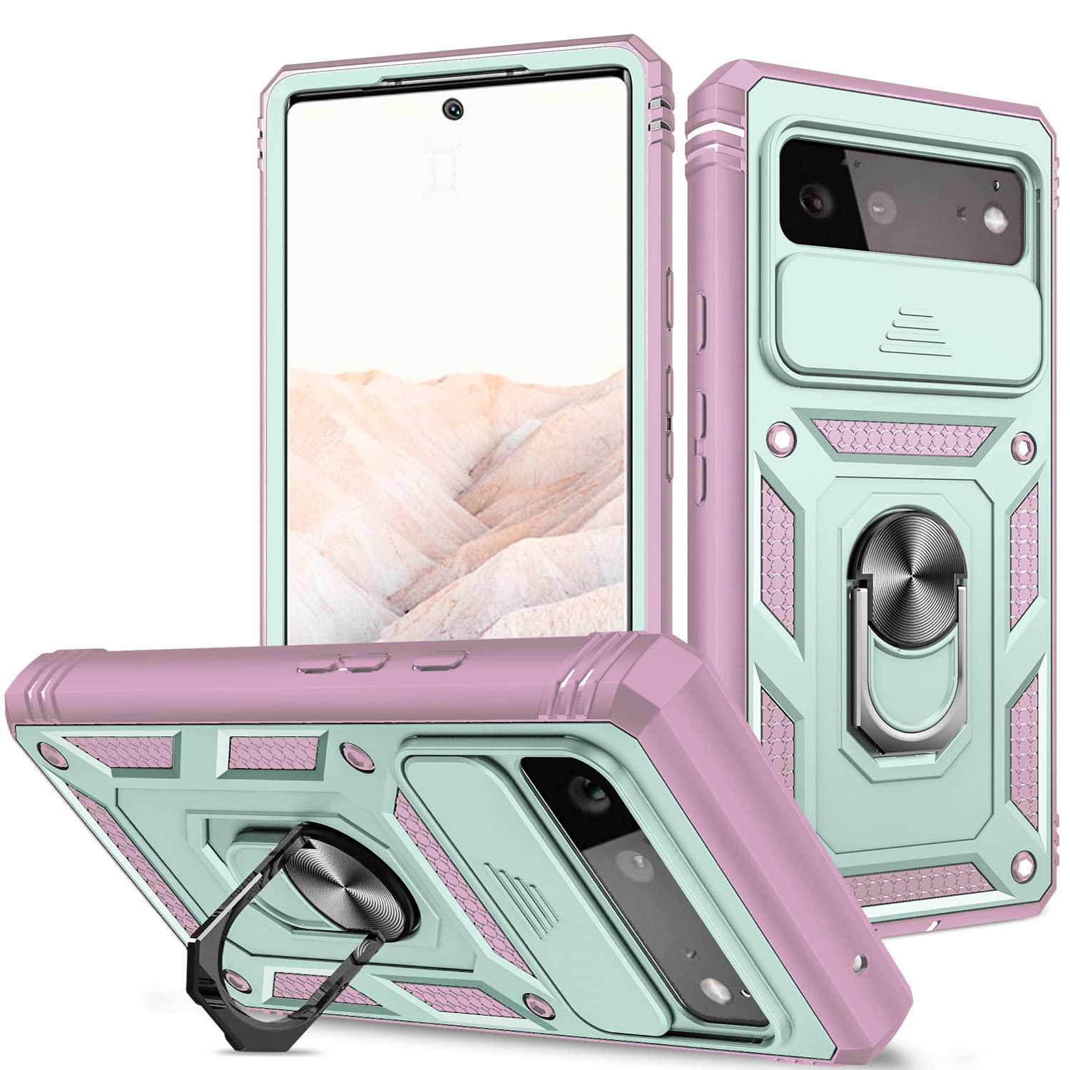 Fetrim Case For Google Pixel 6, Camera Cover Phone Case With Rotation Ring Stand For Google Pixel 6   Green Pink