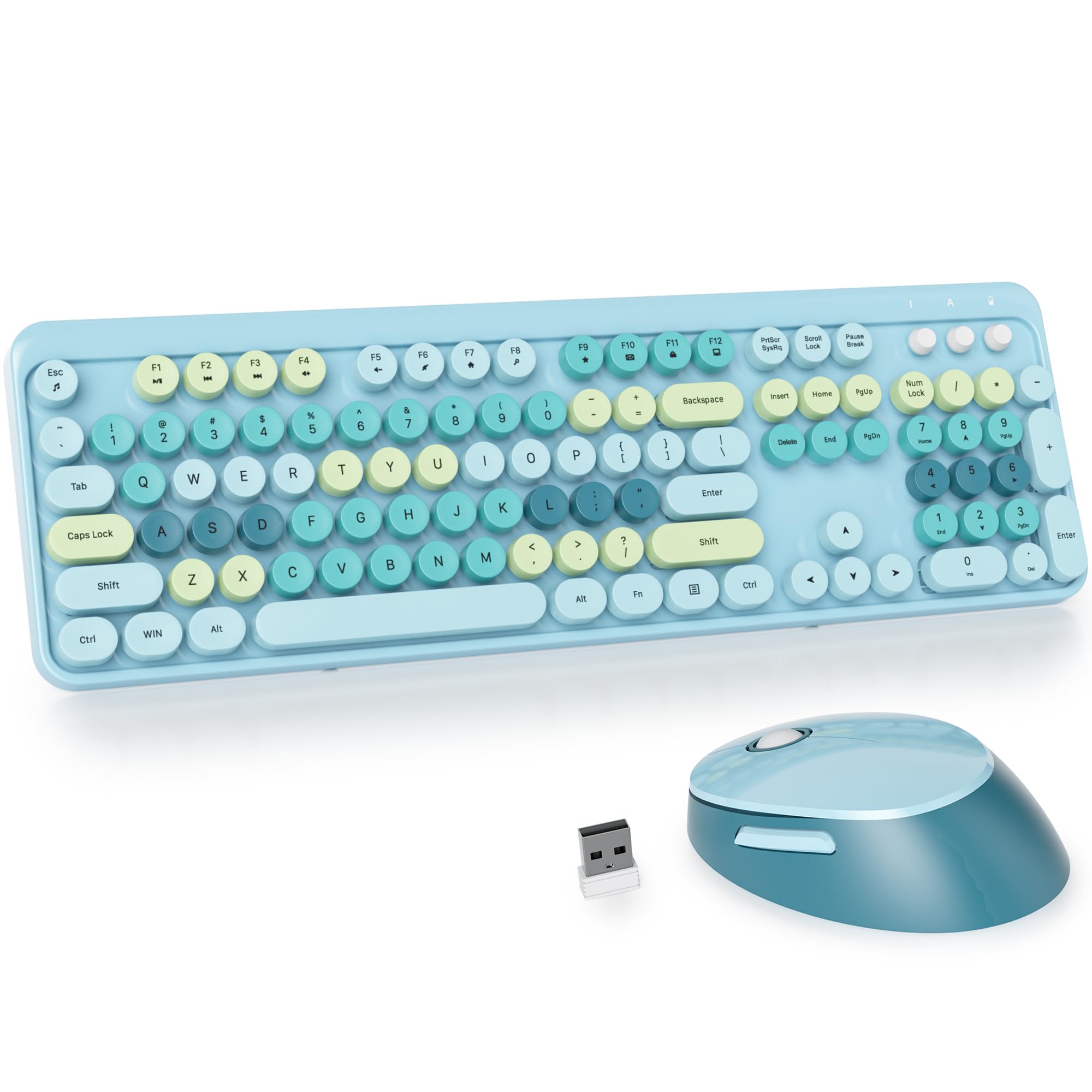 Gtsp Typewriter Colorful Wireless Keyboard And Mouse Combo, 2.4Ghz Full Size Retro Cute Office Computer Keyboard With Round Keyc