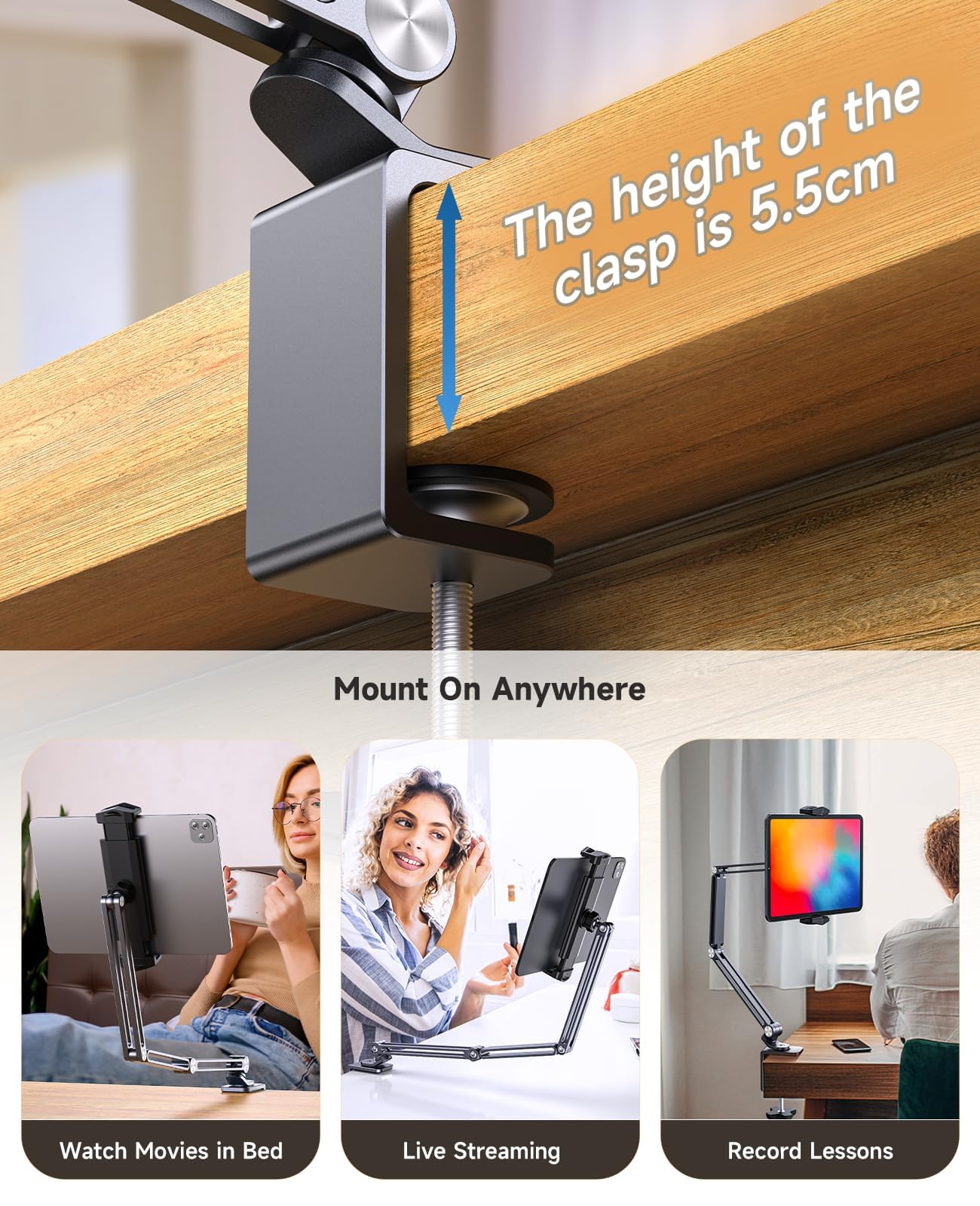 Yicosun Aluminum Adjustable Tablet Holder Stand For Bed & Desk   Compatible With Ipad Pro Air, 7 15.6'' Portable Monitor, Kindle