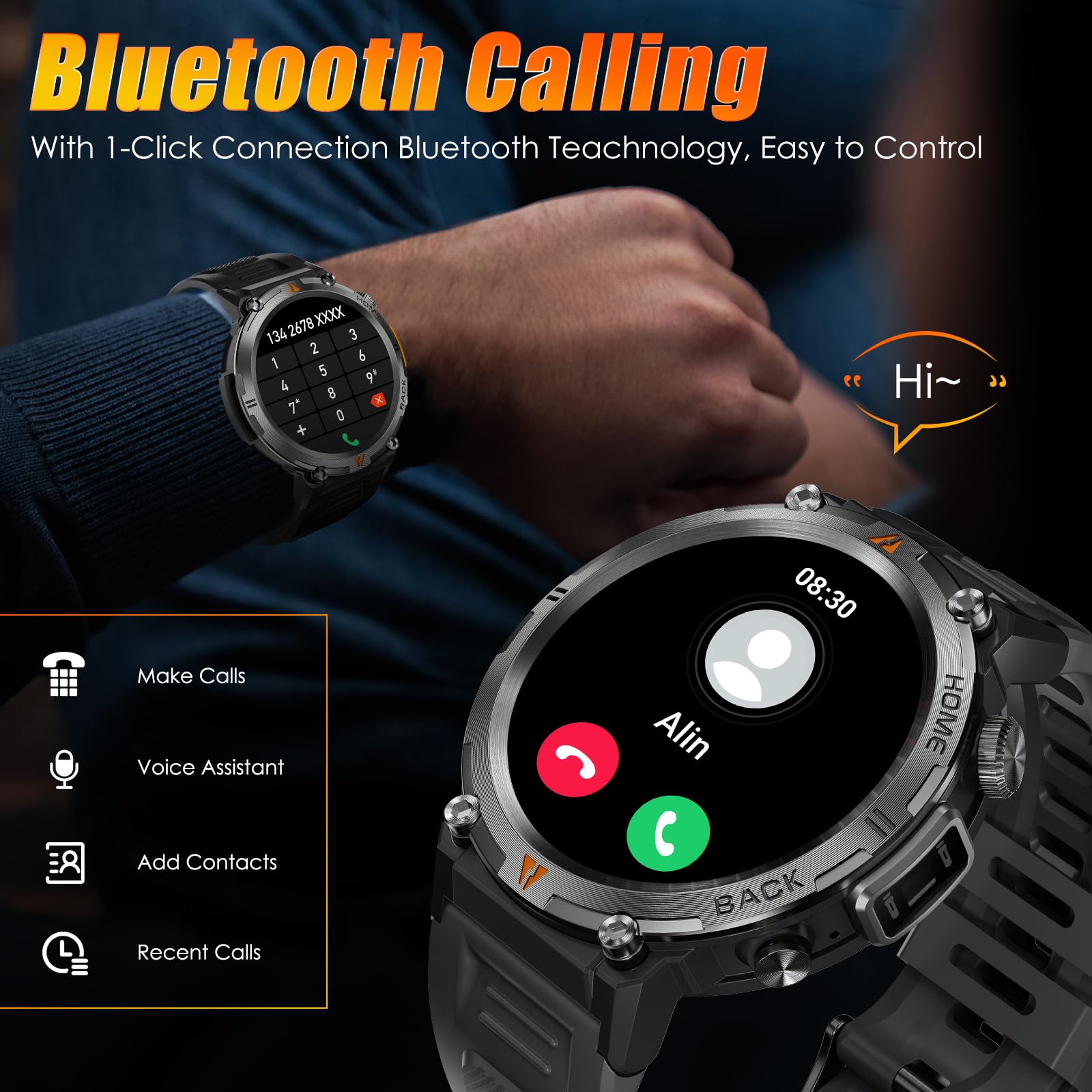 Eigiis Military Smart Watch For Men Tactical Rugged With Bluetooth Call Flashlight 1.45'' Big Screen Fitness Tracker Heart Rate