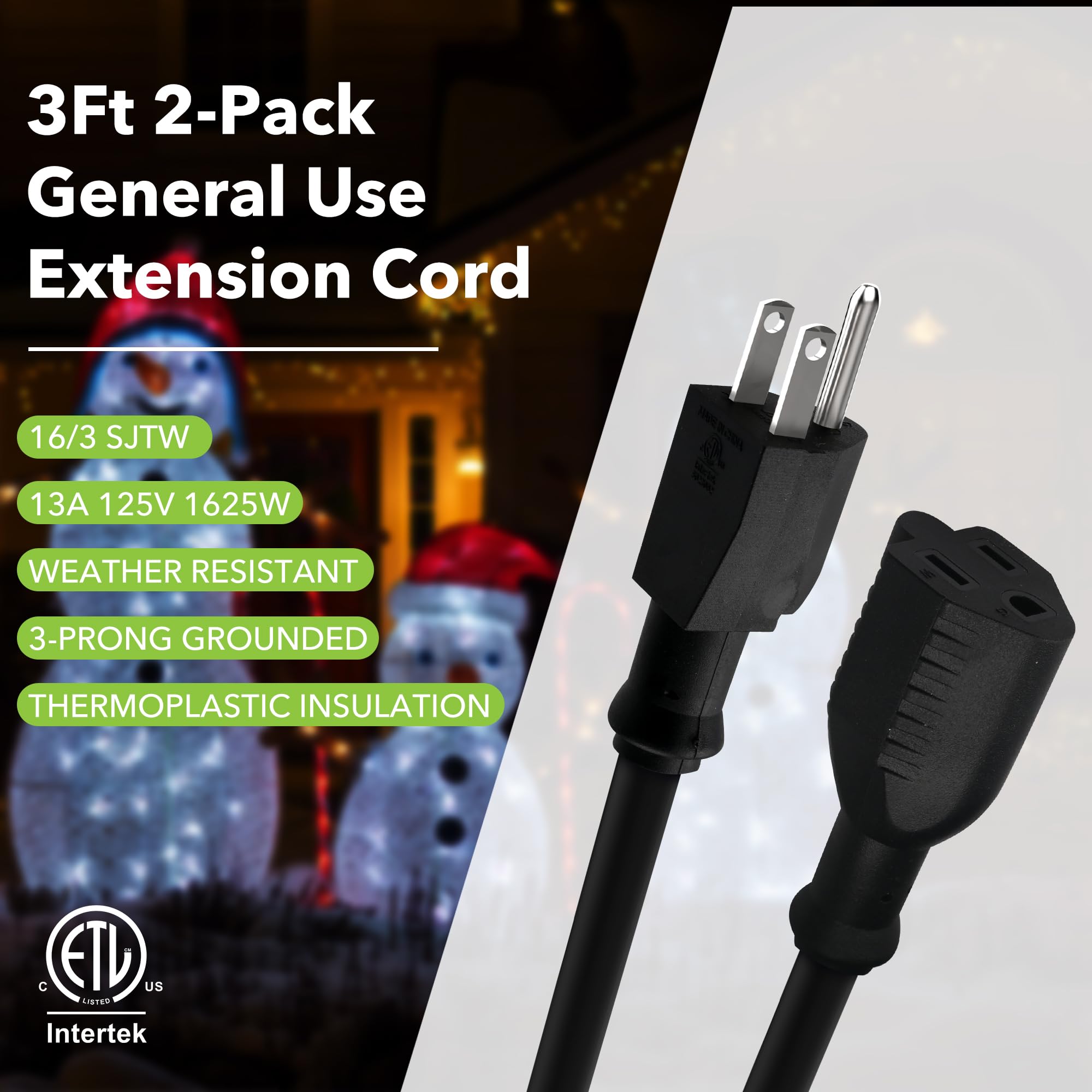 Bn Link 3Ft Indoor Outdoor Extension Cord 16/3 Sjtw, 2 Pack, Black, Pvc Cable Jacket, 3 Prong, Weather Resistant, Flame Retardan
