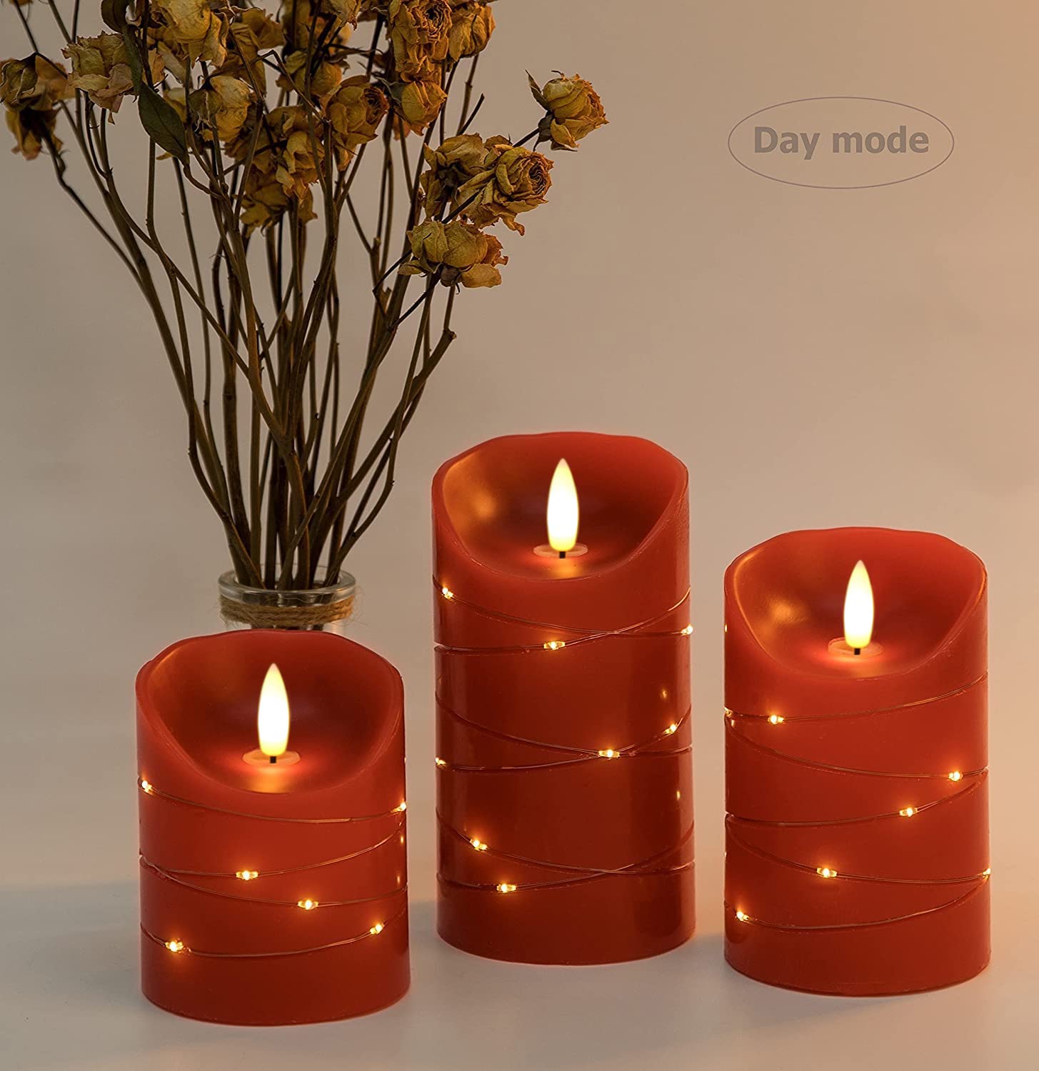 Danip Red Led Flameless Candle With Embedded Star String, 3 Piece Set Of Led Candles, With 11 Button Remote Control, 24 Hour Tim