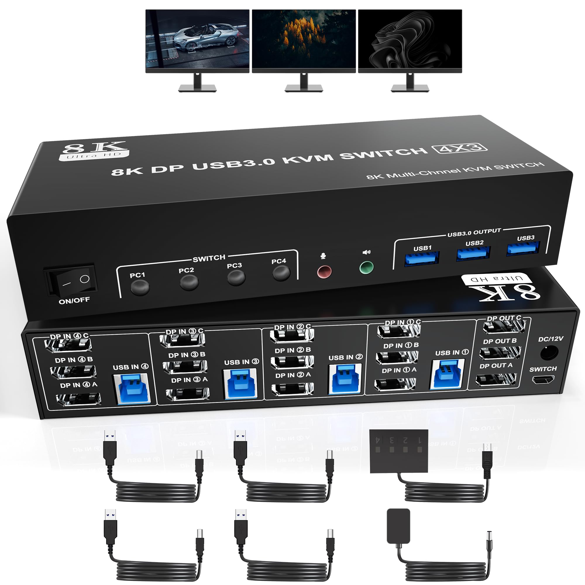 8K@60Hz Usb3.0 Displayport Kvm Switch 3 Monitors 4 Computer, Dp1.4 Triple Monitor Kvm Switch With Audio Microphone Output And 3
