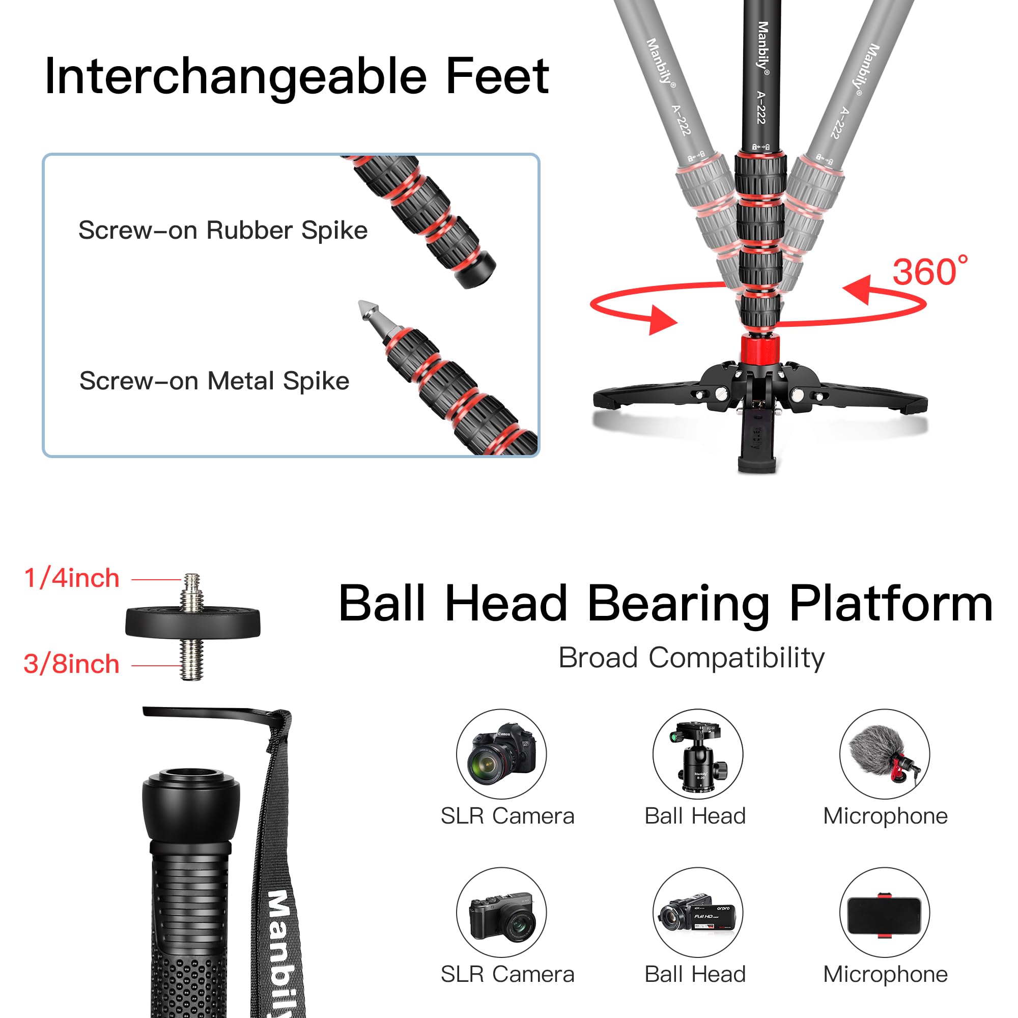 Manbily Extendable Camera Aluminum Monopod With Feet,Portable Travel Monopod With Removable Tripod Stand Base For Dslr Canon Nik