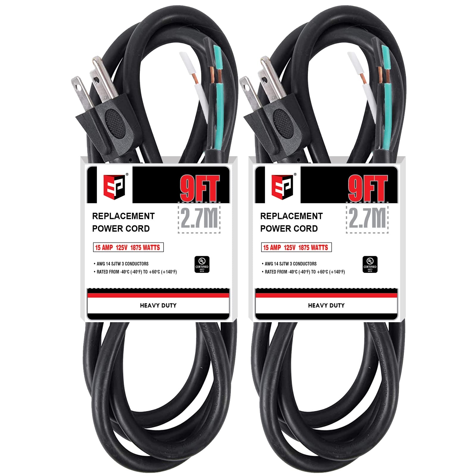 Ep 2 Pack 9 Ft 14/3C Sjtw Appliance And Power Tool Cord, 14 Gauge 3 Prong Heavy Duty Replacement Power Supply Cord Cable, 110V 1
