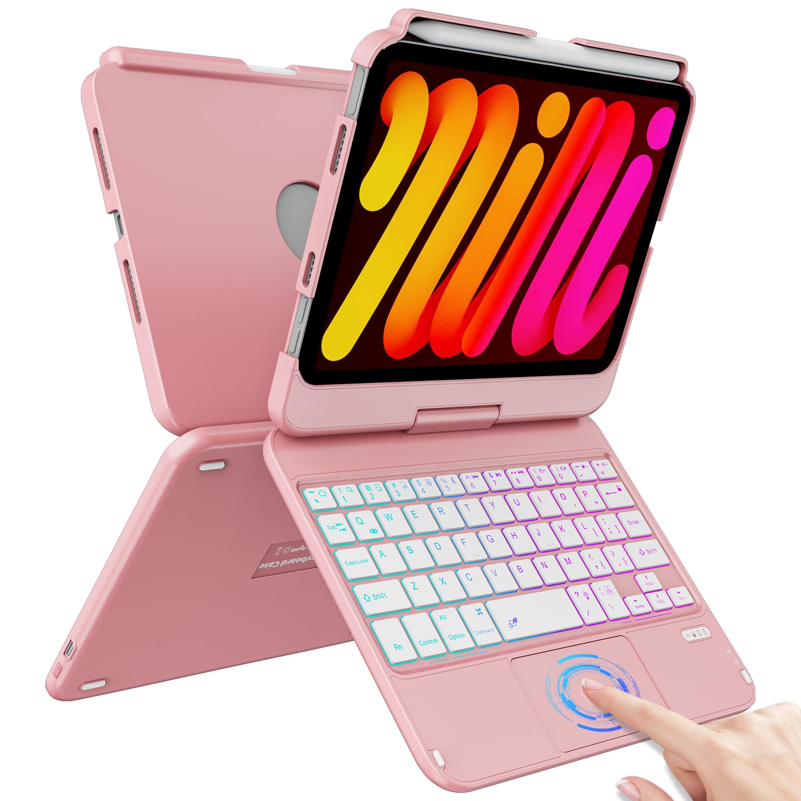 FUWANG Touchpad Keyboard Case for iPad mini 7 A17 Pro 2024 & Mini 6th Generation 2021 8.3 inch - 360 Rotate 7 Color Backlit Keyb