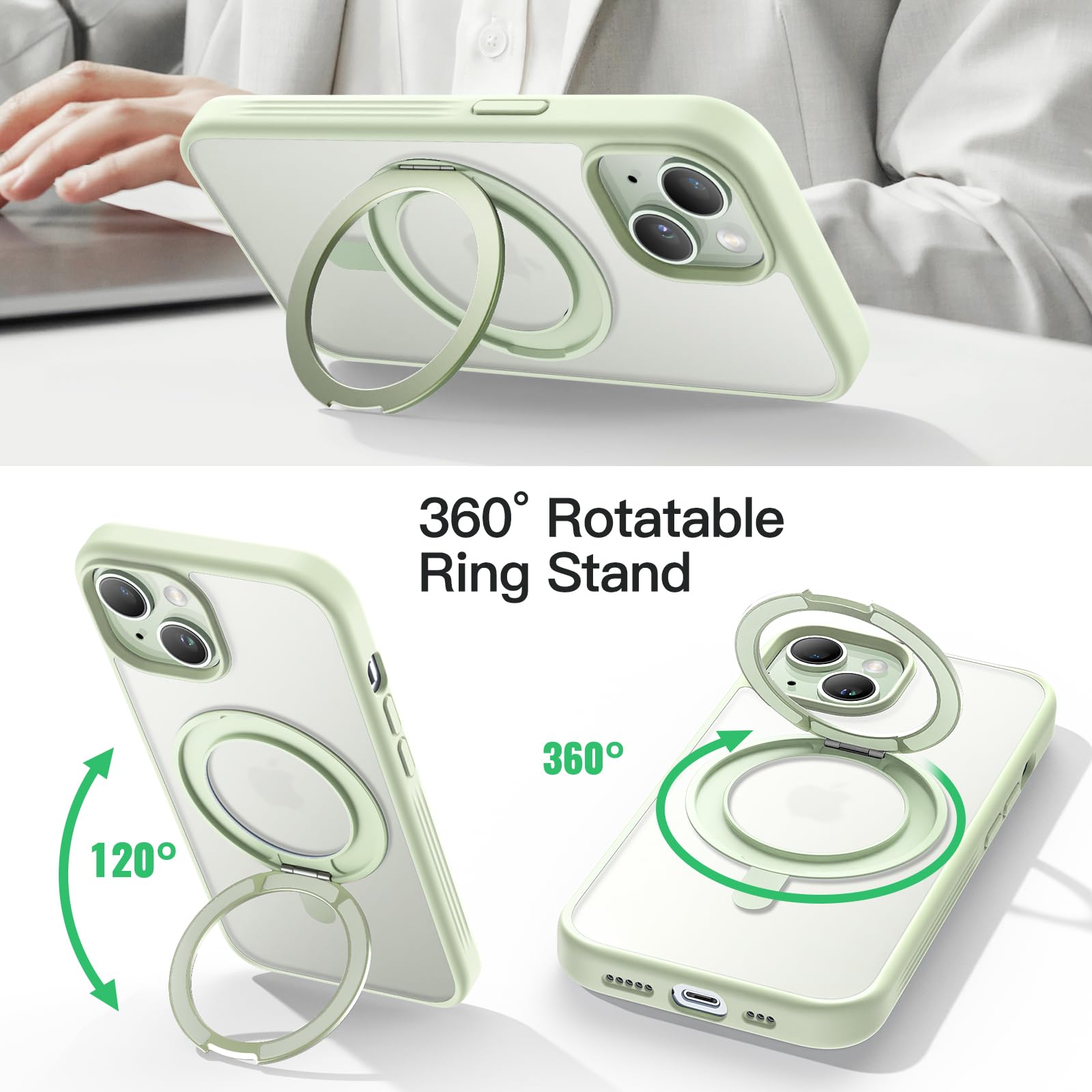 Jetech 360 Degree Rotatable Ring Case For Iphone 15 6.1-Inch Compatible With Magsafe, Slim Shockproof Phone Cover With Stand & R