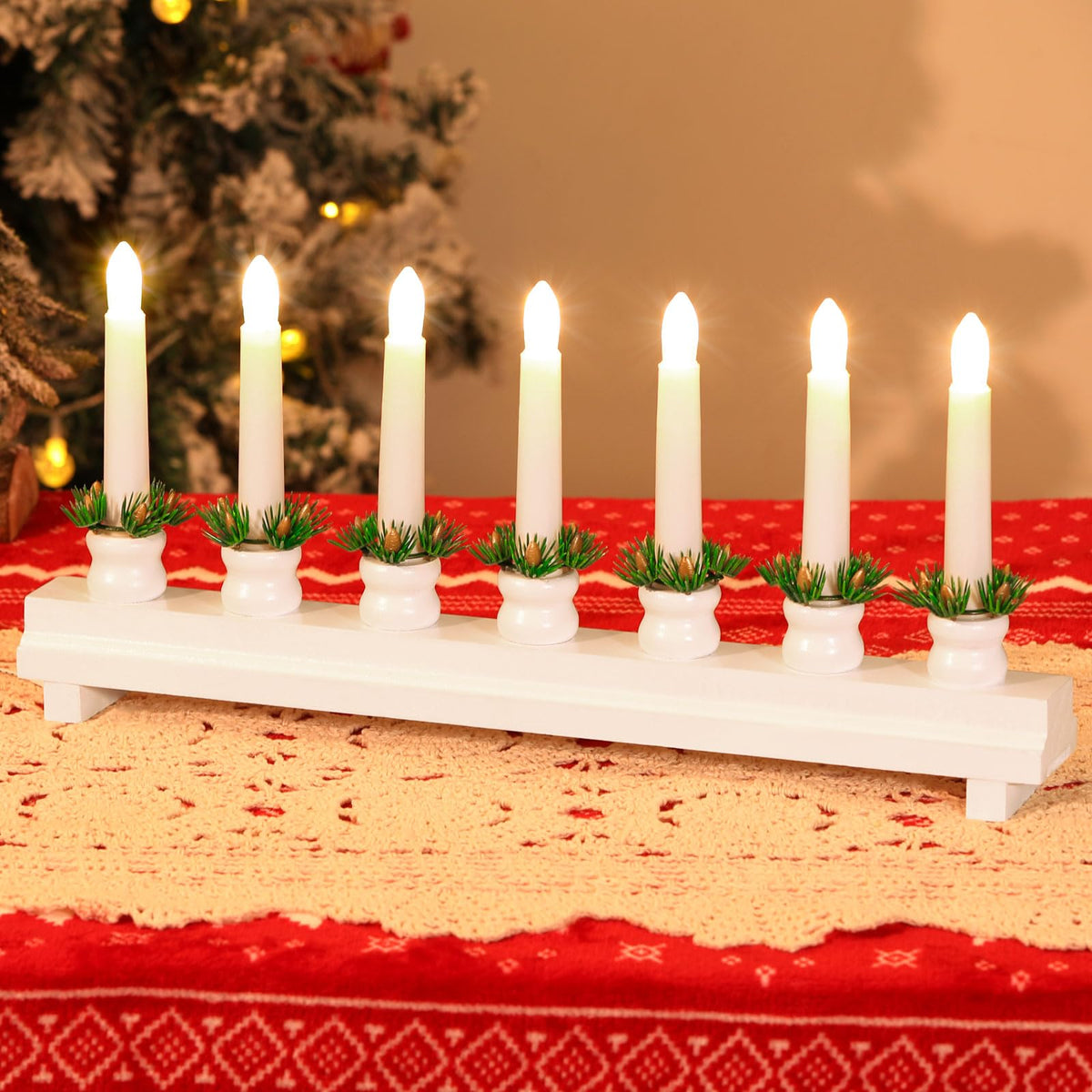 Lewondr Christmas Swedish Candelabra, Electric Candles With 7 Flameless Taper Candles, Wooden Candle Bridge Light With Usb Power