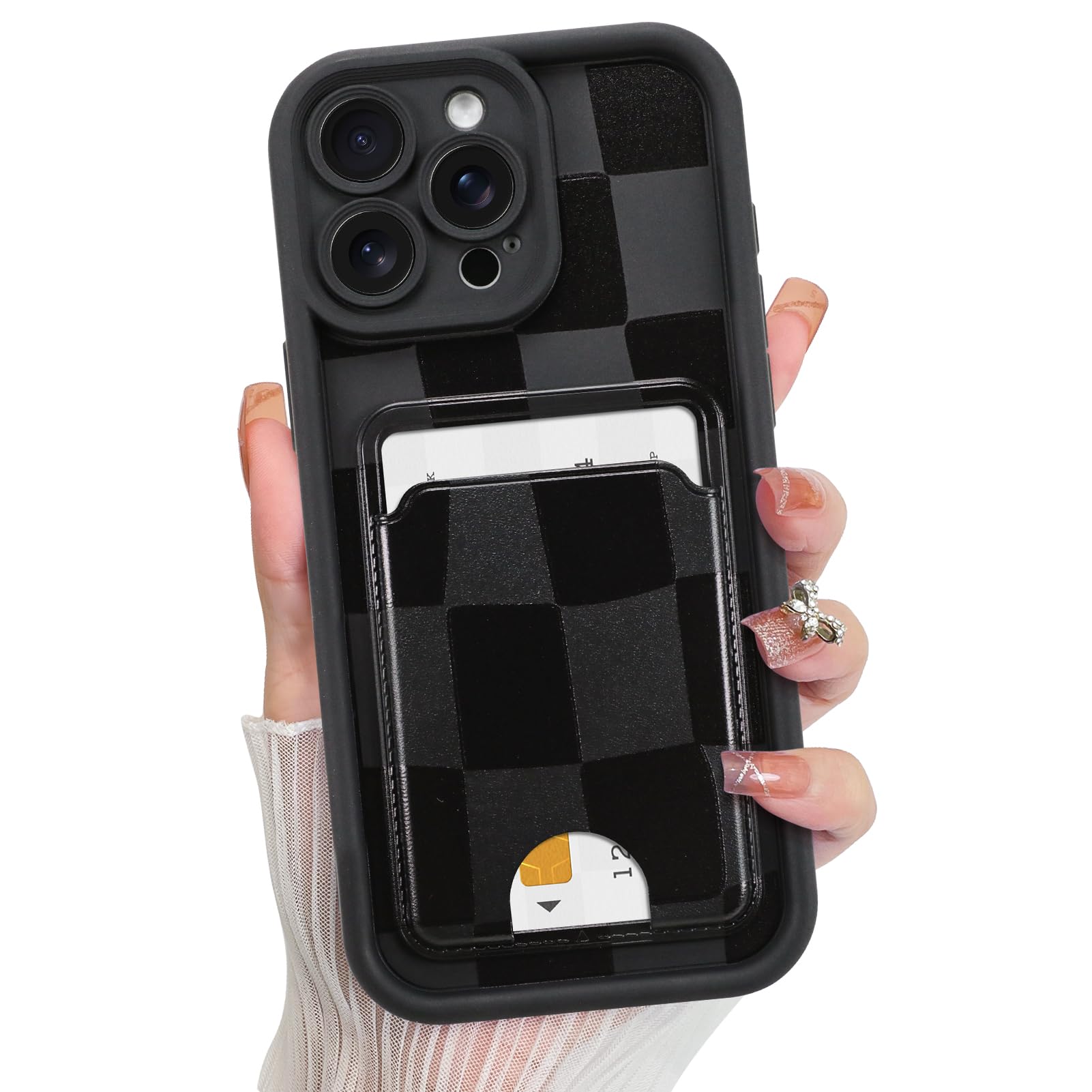 KANGHAR Compatible with iPhone 15 Pro Max Case, Wallet Silicone Checkered Cute Pattern, Card Holder Camera Protection Soft Slim 