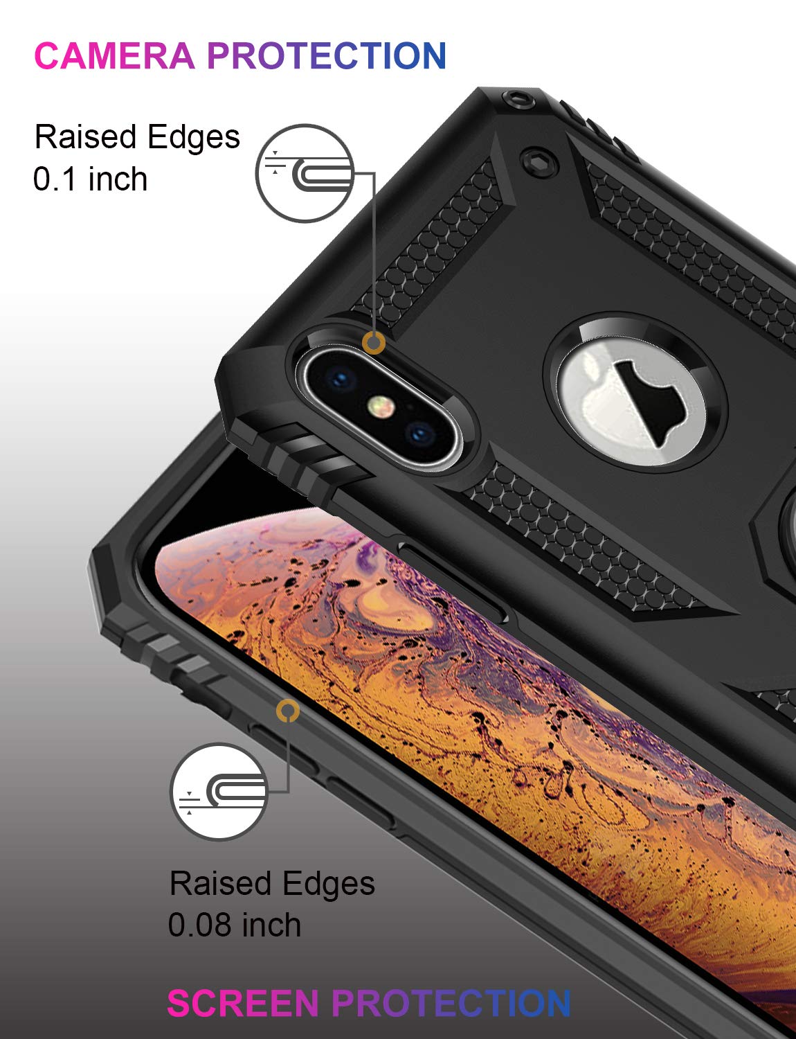 LUMARKE iPhone Xs Max Case Military Grade 16ft Drop Tested Magnetic Ring Kickstand Plastic Black