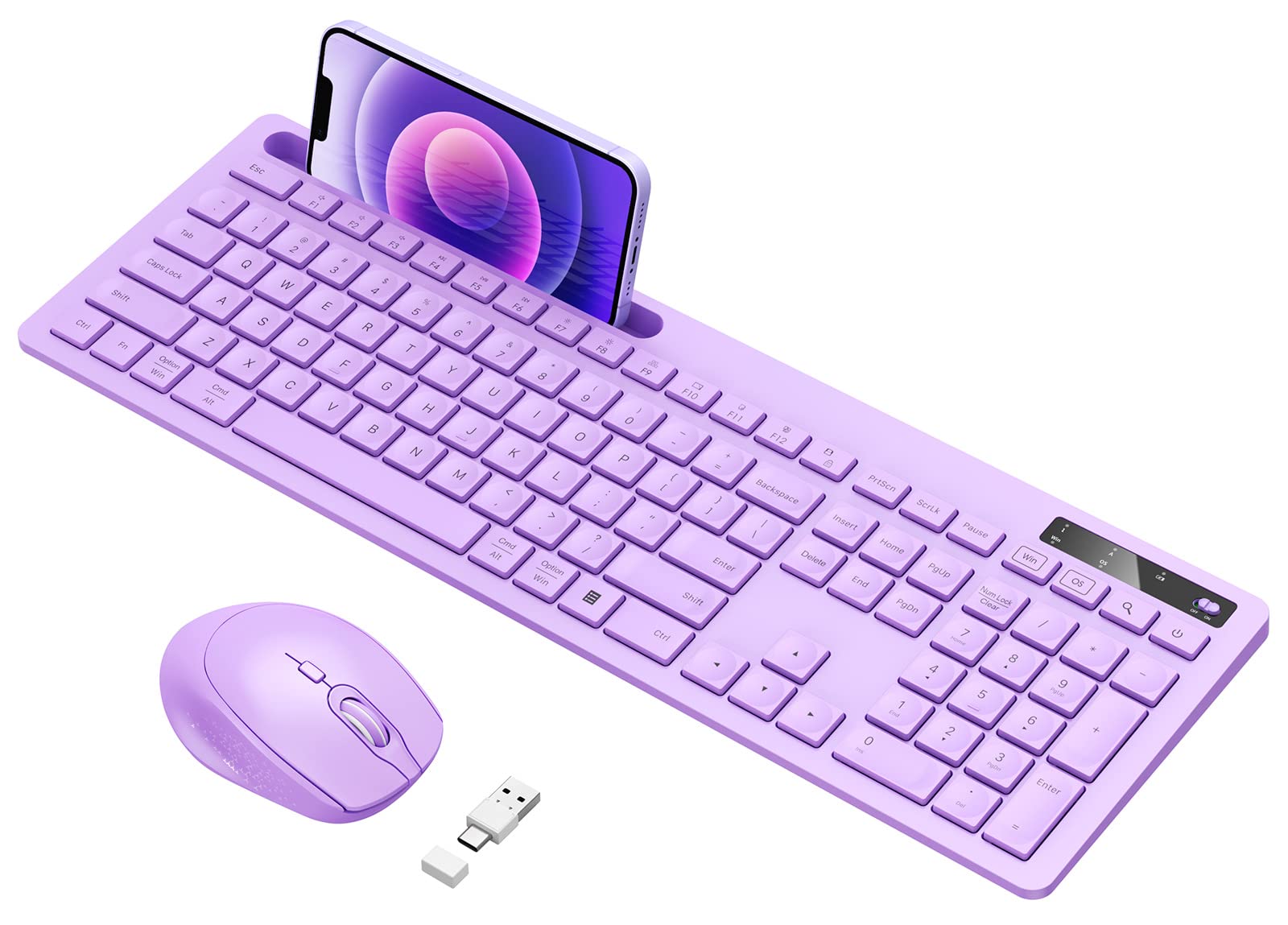 Purple Keyboard And Mouse Wireless, Vivefox Full Size Wireless Keyboard With Phone Holder Usb A & Type C Cute Keyboard And Mouse