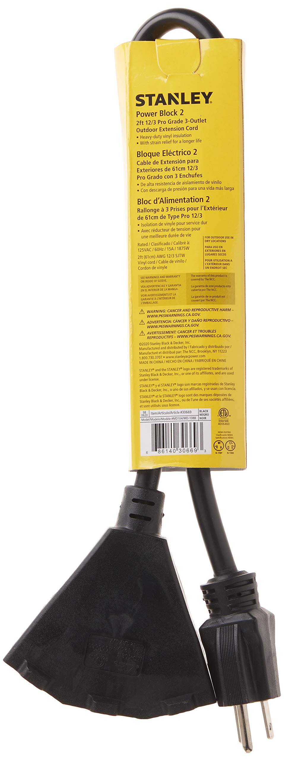 Stanley 30669 Pro Block 2 Grounded 3 Outlet Outdoor Extension Cord, 2 Feet, Black
