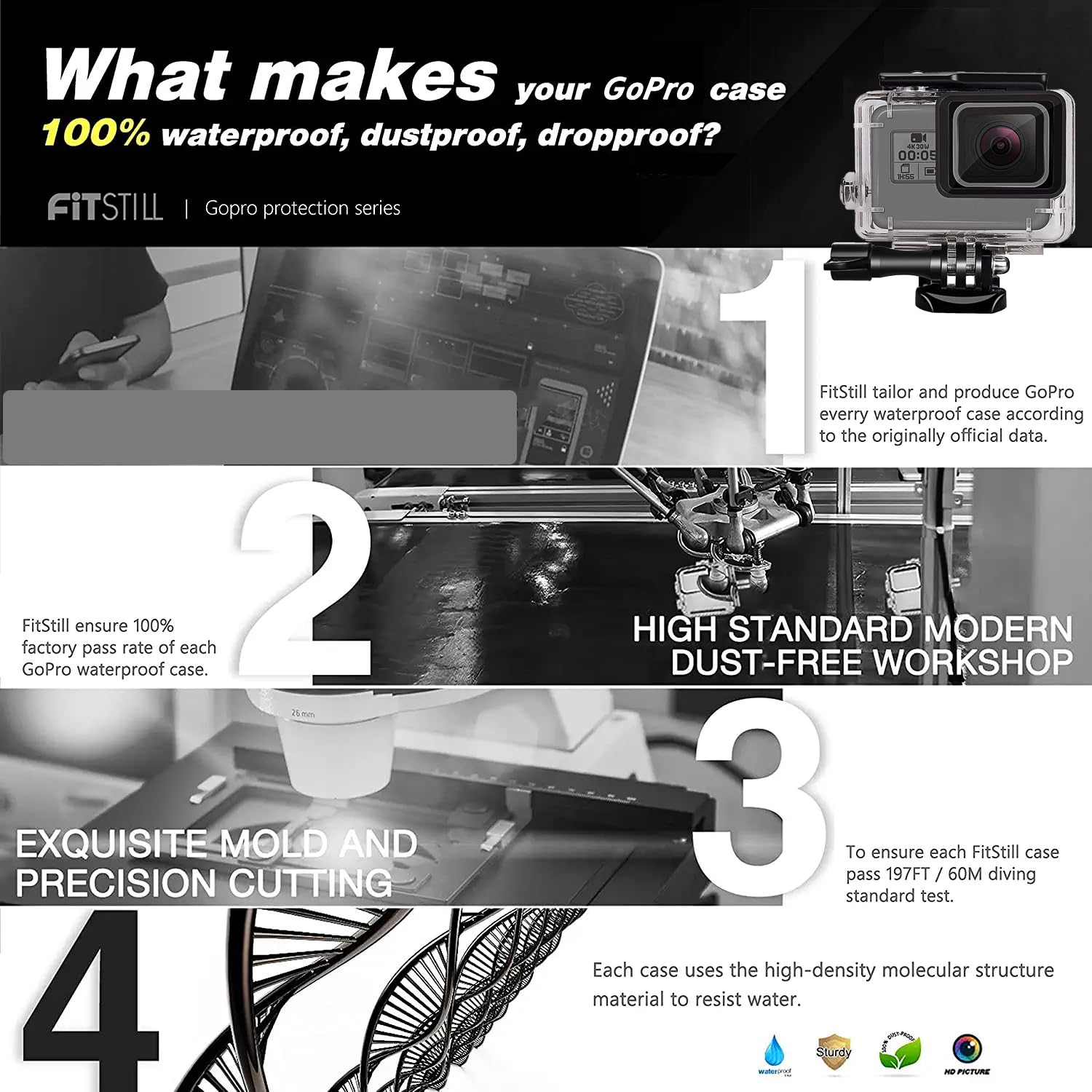 Fitstill Double Lock Waterproof Housing For Go Pro Hero 2018/7/6/5 Black, Protective 45M Underwater Dive Case Shell With Bracket