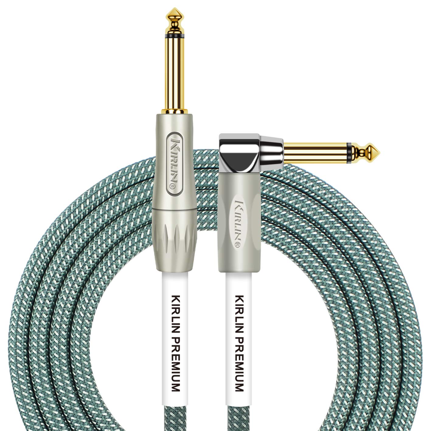 Kirlin Cable IWB202PFGL10/OL 10 feet Straight to Right Angle 1/4Inch Plug Premium Plus Instrument Cable, Olive Green Tweed 