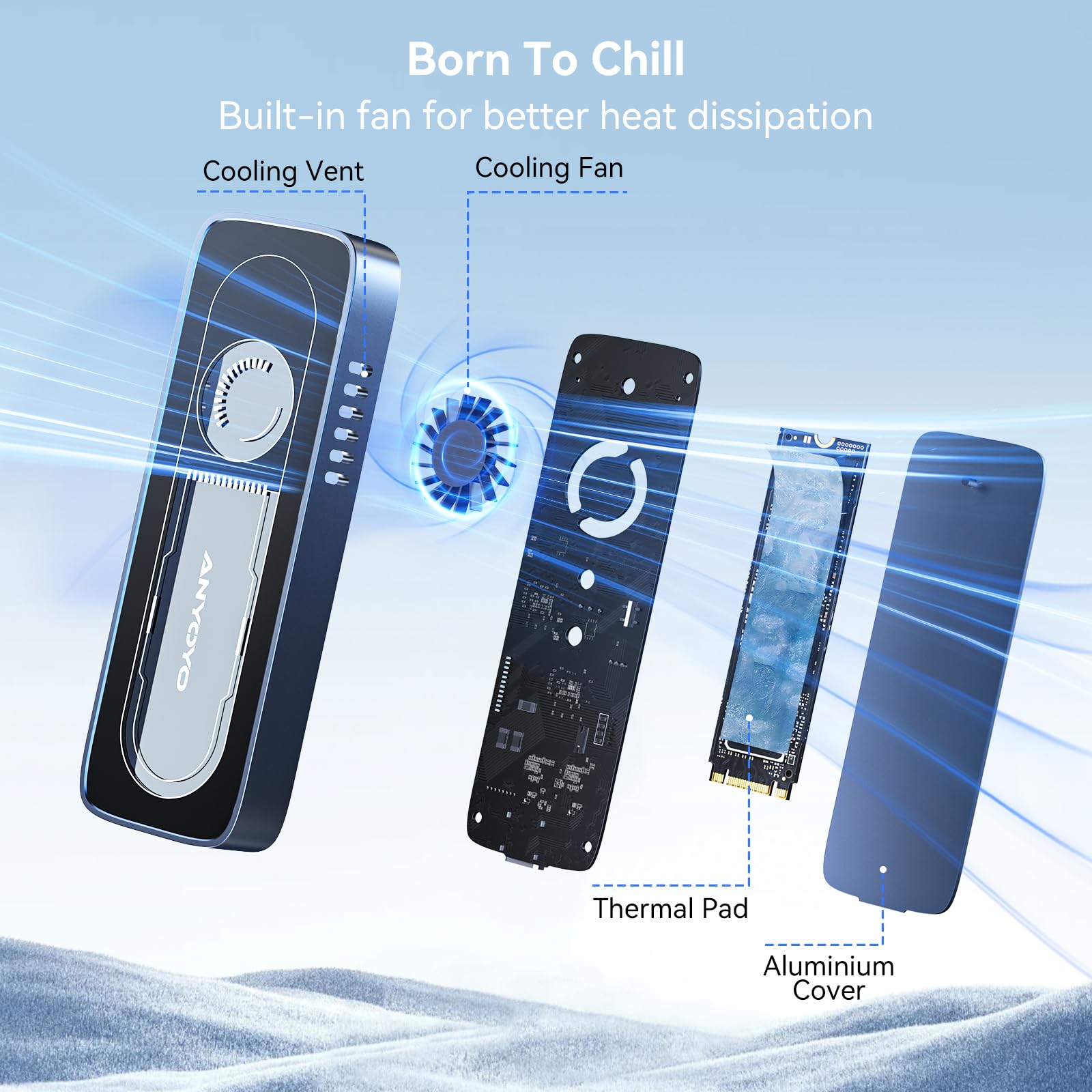 Anyoyo M.2 Nvme Ssd Enclosure, Usb 3.2 Gen 2 10Gbps Ssd Enclosure With Cooling Fan For 2230 2242 2260 2280 M.2 Nvme Ssd With M K