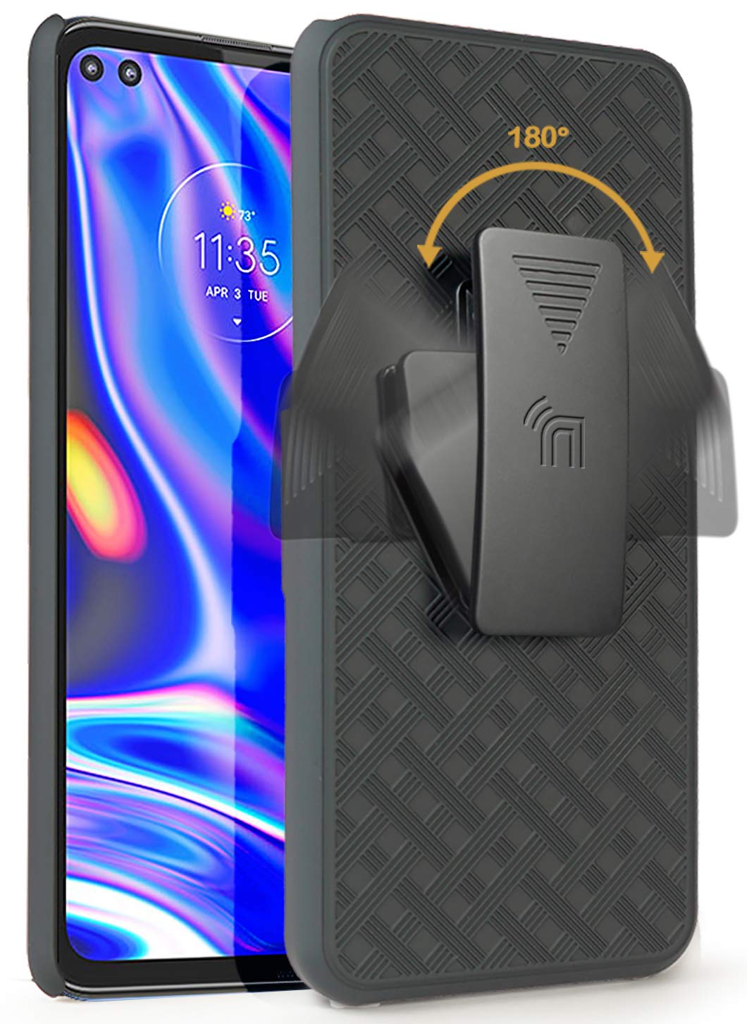 Case With Clip For Moto One 5G, Nakedcellphone [Black Tread] Kickstand Cover With [Rotating/Ratchet] Belt Hip Holster Combo For