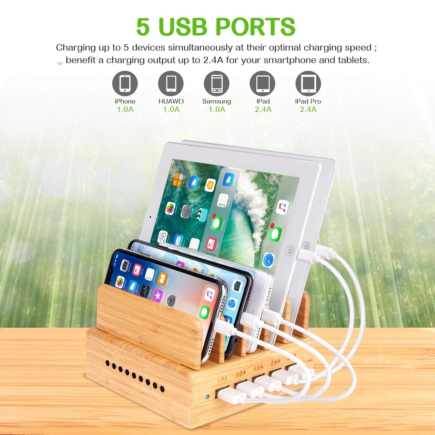 Othoking Bamboo Charging Station, Wood Charging Station For Multiple Devices With 5 Ports Usb Charger Docking Station For Iphone