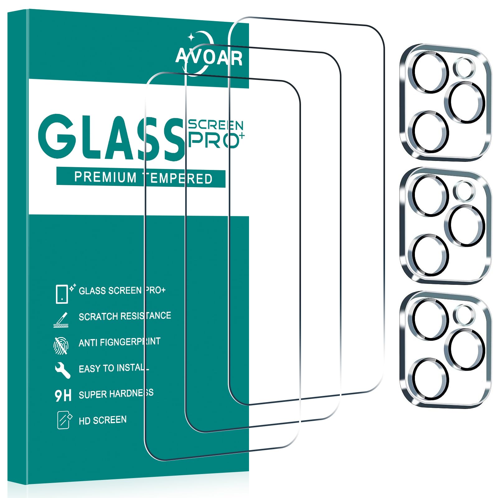Avoar [3+3 Pack Glass Screen Protector For Iphone 16 Pro With Camera Lens Protector, 6.3 Inch Hd Clear Tempered Glass Film For I