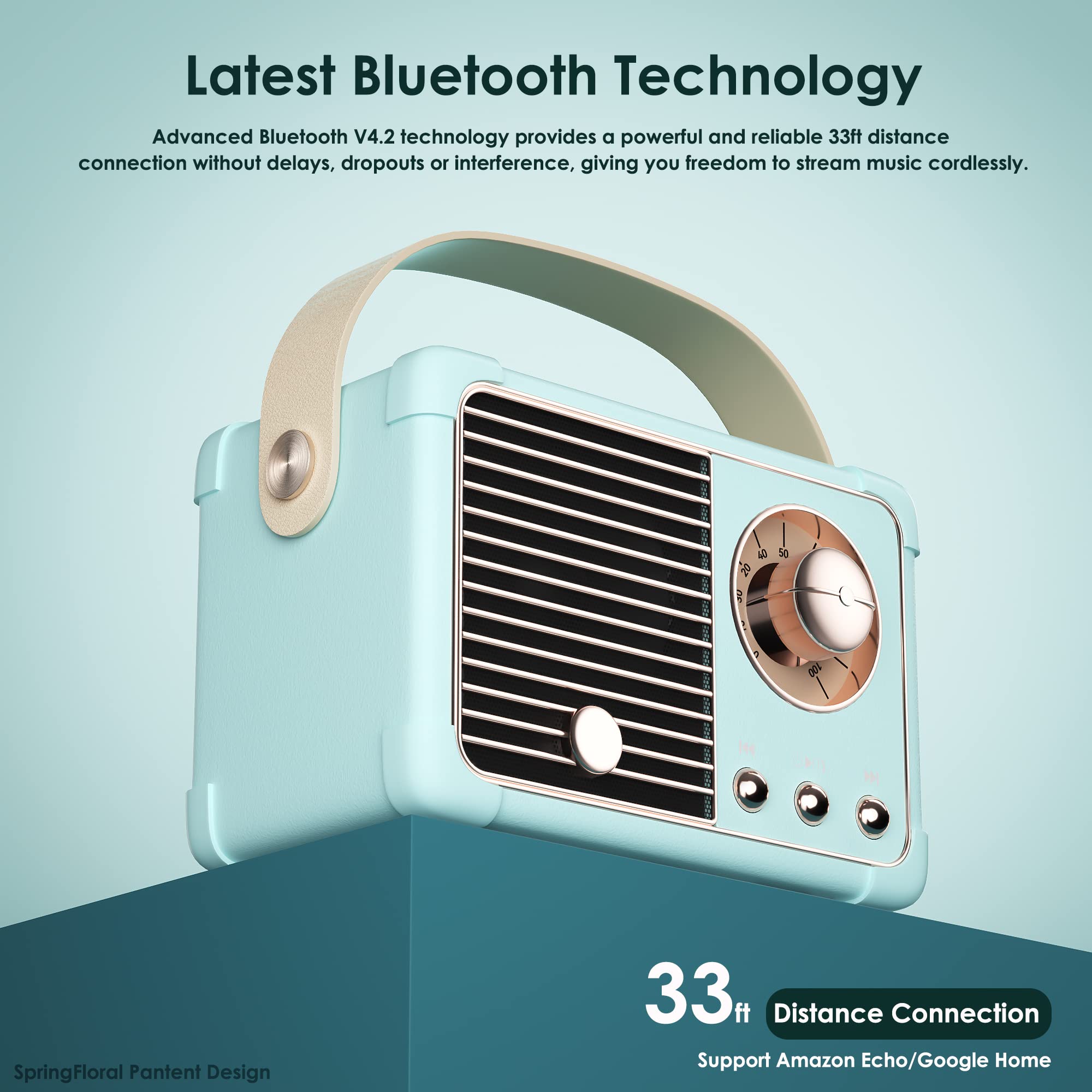 SpringFlora Retro Wireless Bluetooth Speaker HM11 Hands-Free Call Plastic Sky Blue