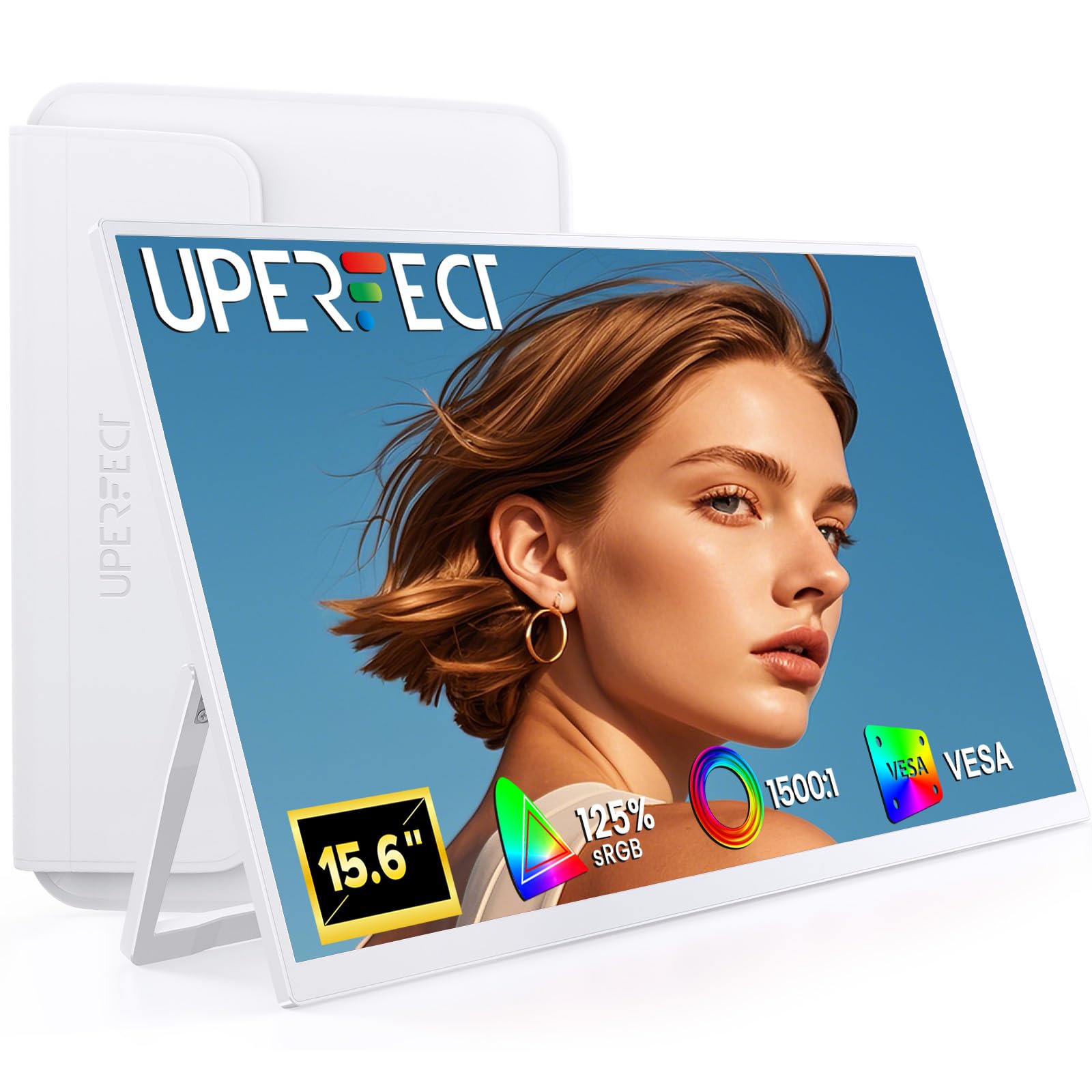 UPERFECT Portable Monitor 15.6, 125% sRGB 1080P Laptop Monitor, Ultra-Slim White Display, USB-C & MINI HDMI, 350 Nits, VESA & Ca