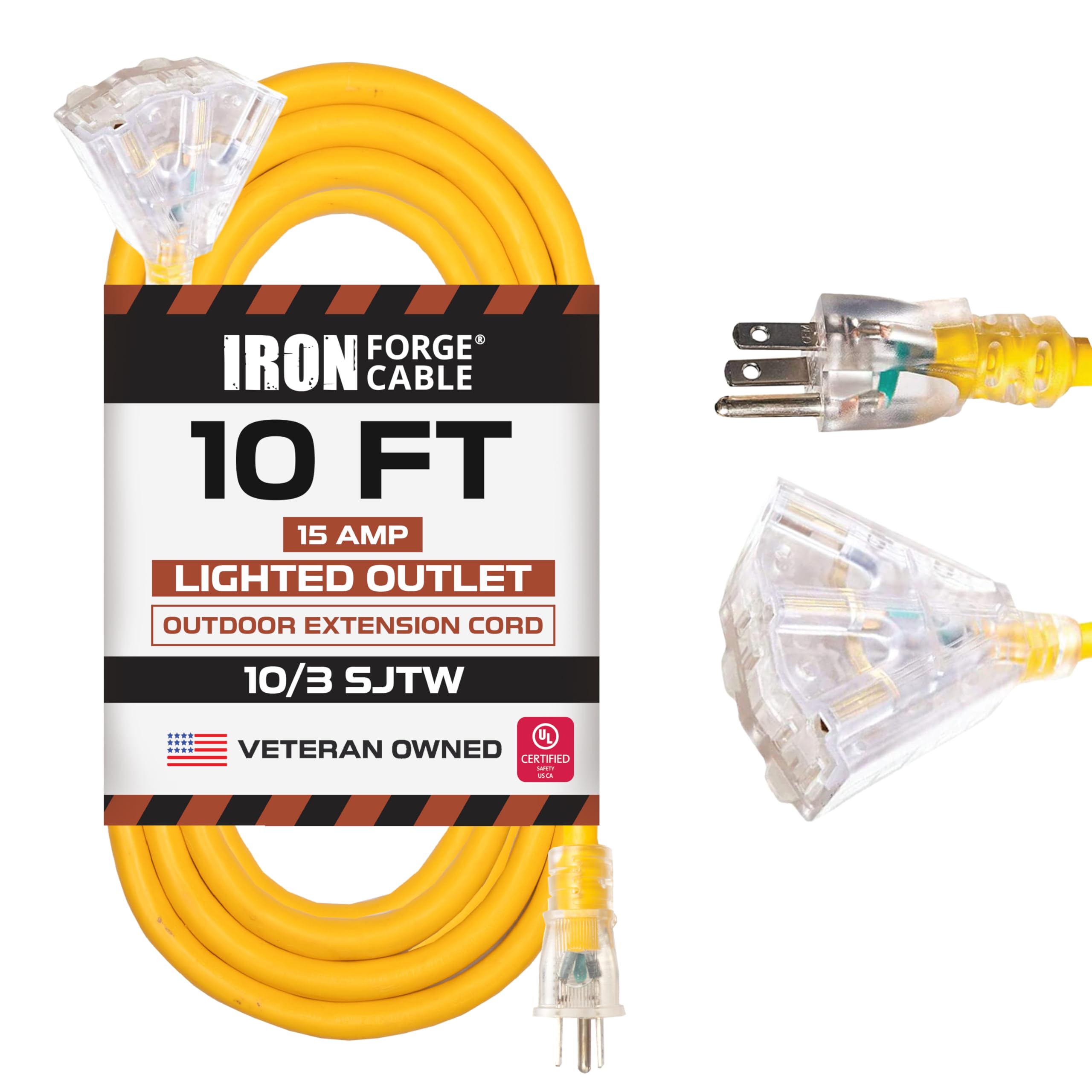 Iron Forge Cable 10 Gauge Extension Cord 10 Ft With 3 Outlets, Sjtw 10/3 Heavy Duty Outdoor Extension Cord With Multiple Outlets