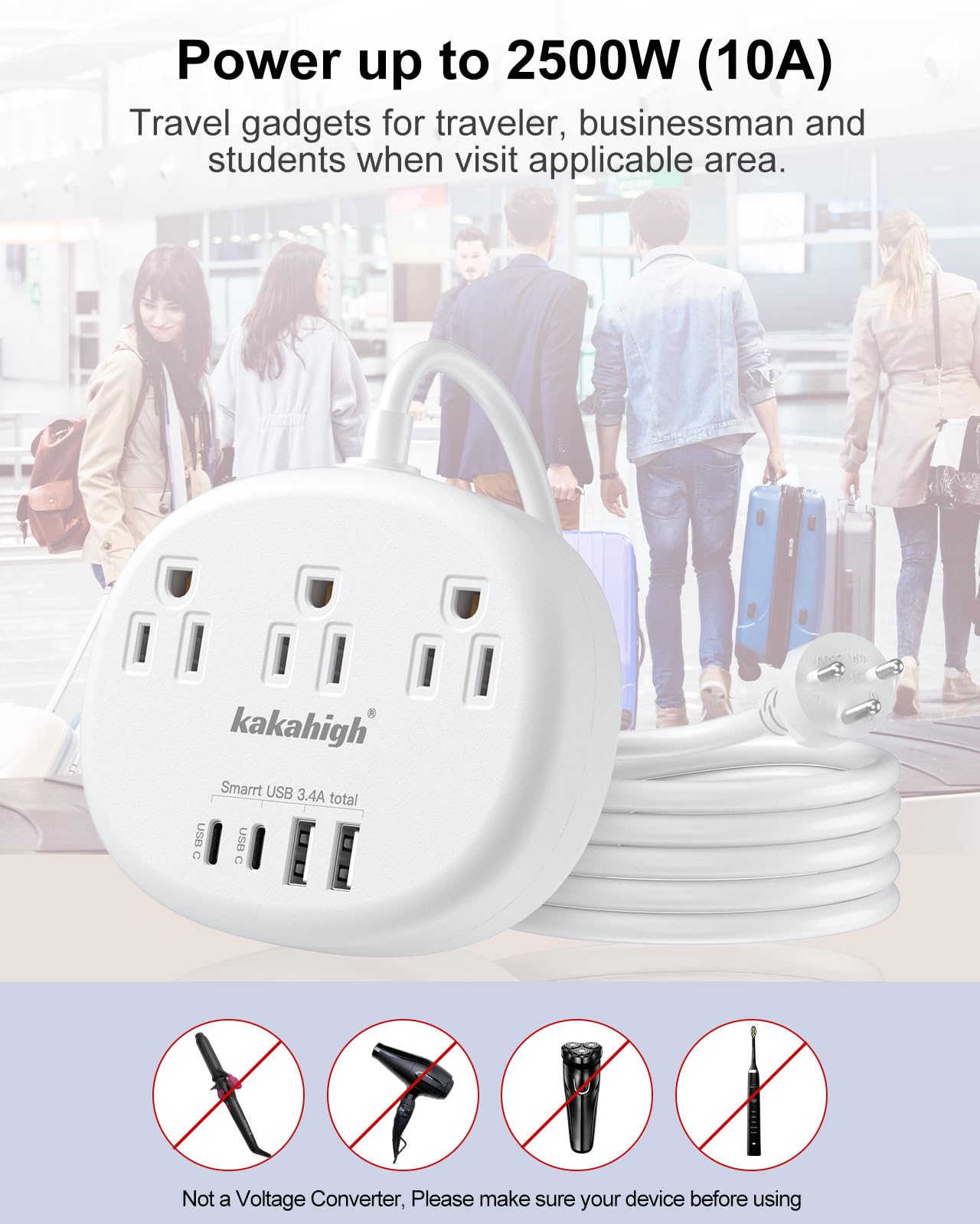 Thailand Power Adapter, Thailand Plug Adapter With 3 American Outlets 4 Usb Ports (2 Usb C) Total 24W, Type O Plug Adapter And O
