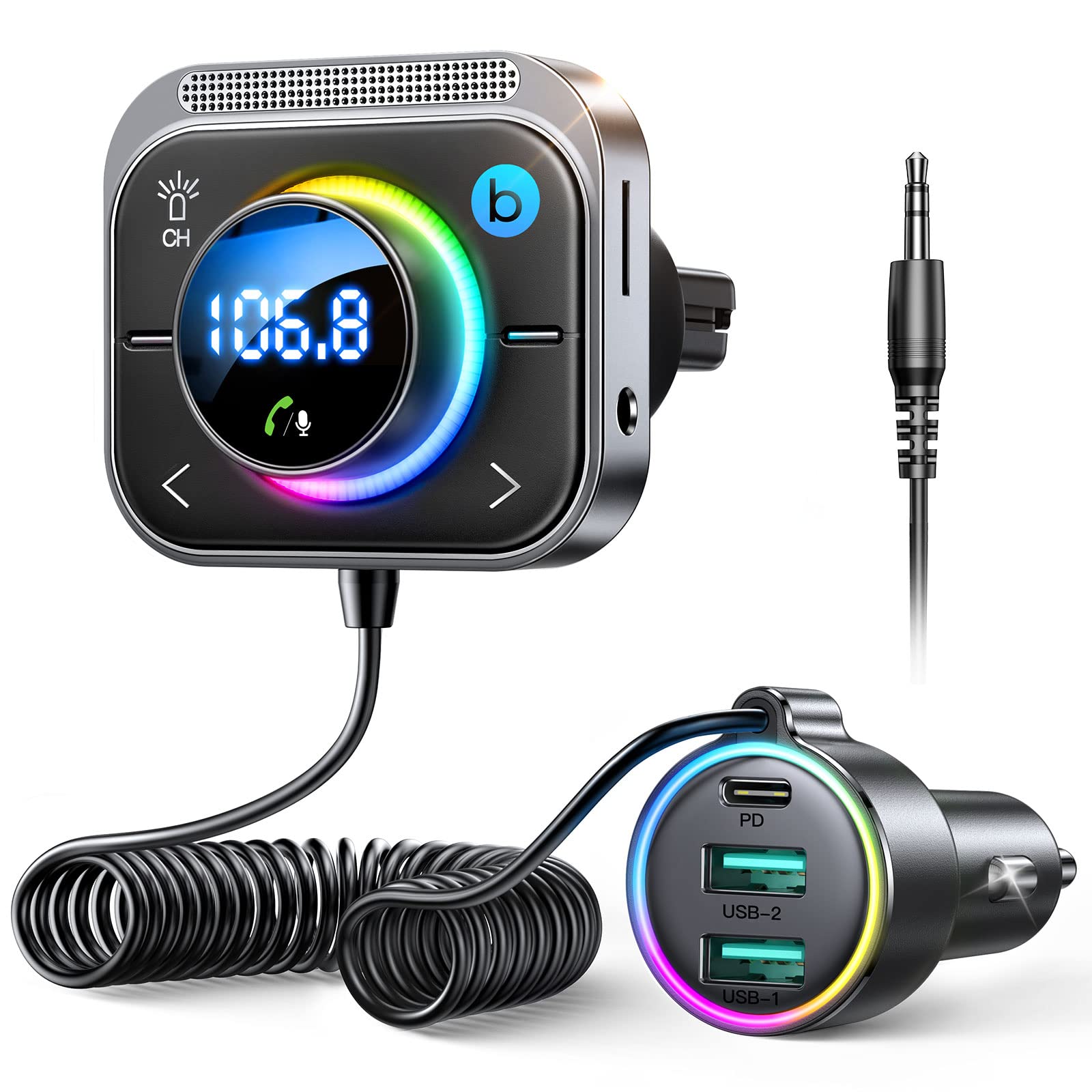Bluetooth 5.3 Fm/Aux Bluetooth Car Adapter, Joyroom?Air Vent Installation & Bass Boost? 3 Ports Pd&Qc 3.0 Fm Transmitter For Car