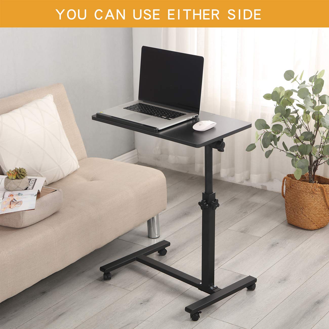 TigerDad Mobile Rolling Laptop Stand - Tilting Overbed Table, Height Adjustable, Black, Model 0203, E1 Grade MFD + Steel Tube Construction