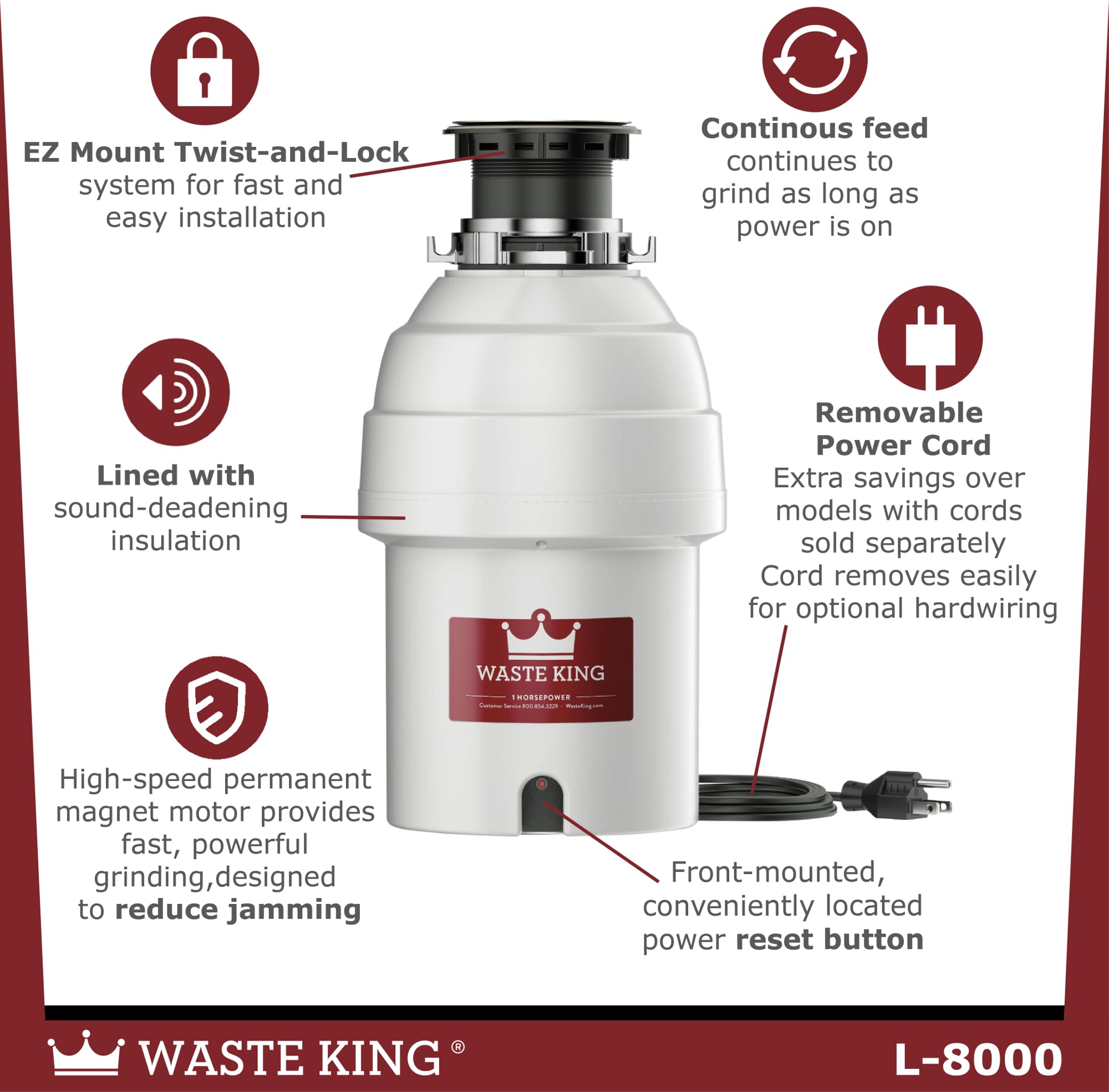 Waste King 1 Hp Garbage Disposal With Power Cord, Food Waste Disposer For Kitchen Sink, L 8000