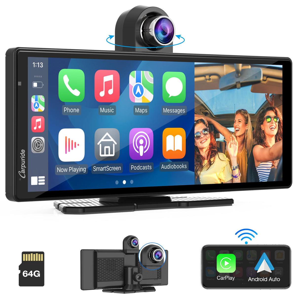 Carpuride 4K W903 Portable Wireless Carplay & Android Auto With Dash Cam   9.3' Hd Ips Screen, 4K Front Camera, Loop Recording, Bluetooth, Mirror Link, Gps, Siri, Dashboard Mounted